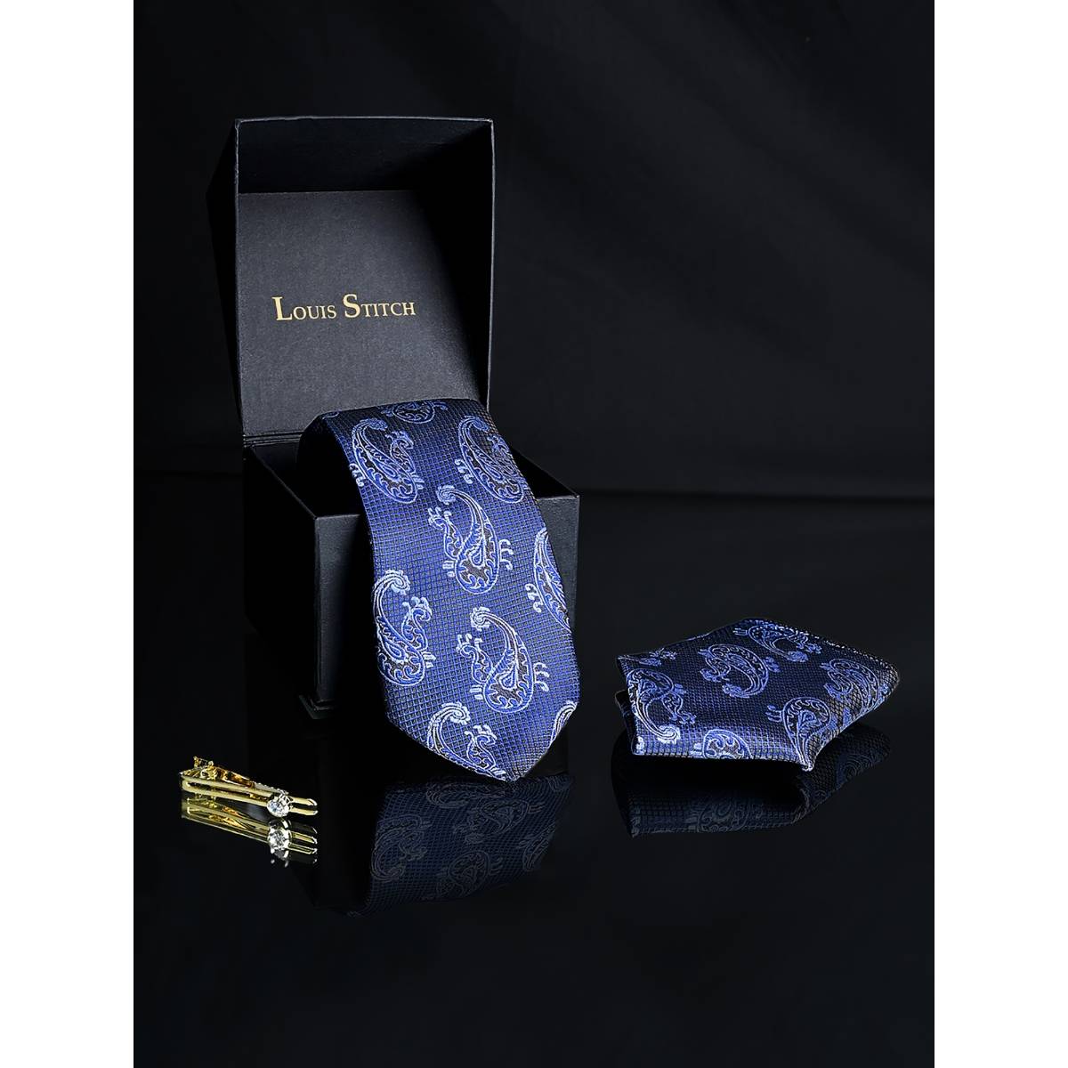Louis Stitch Mens Navy Blue Silk Necktie Accessory Gift Set