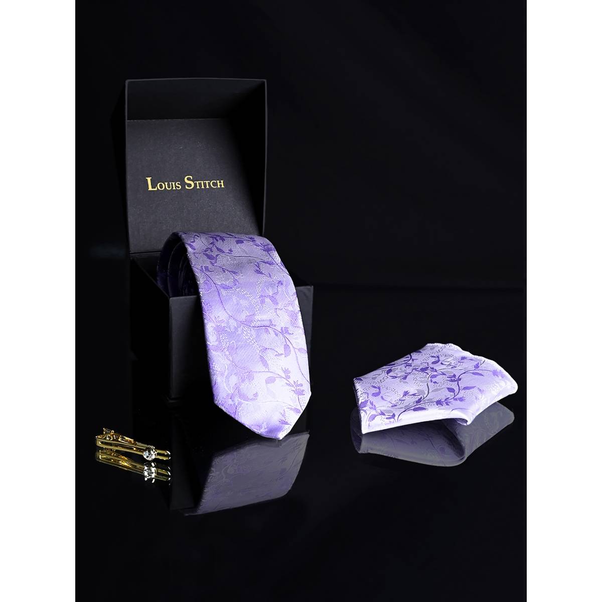 Louis Stitch Mens Pastel Purple Silk Necktie Accessory Gift Set