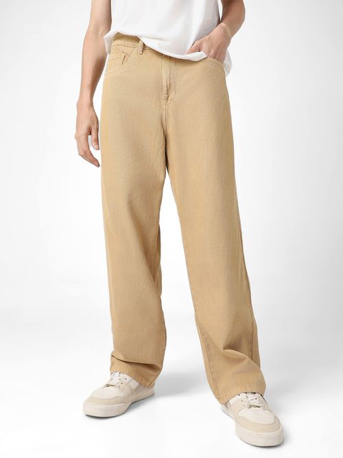 Urbano Fashion Men's Beige Loose Baggy Fit Washed Jeans Non-Stretchable