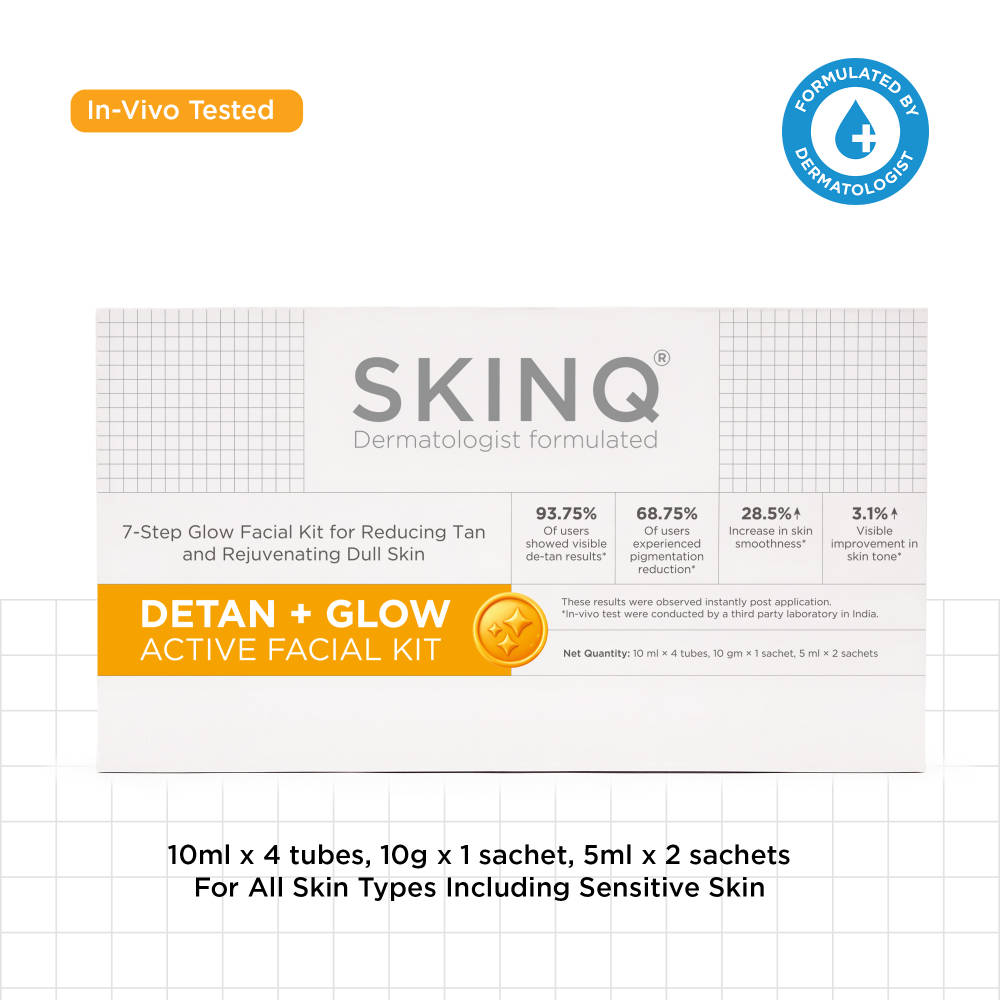 SKINQ Detan & Glow Facial Kit for Dull & Tanned Skin, 7-Step At-Home Facial, Instant Glowing Skin