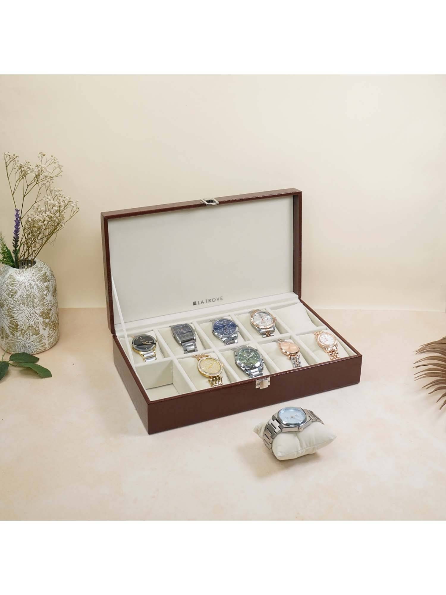 La Trove Brown Leather 10-Slot Watch & Accessories StorageOrganizer Display Box