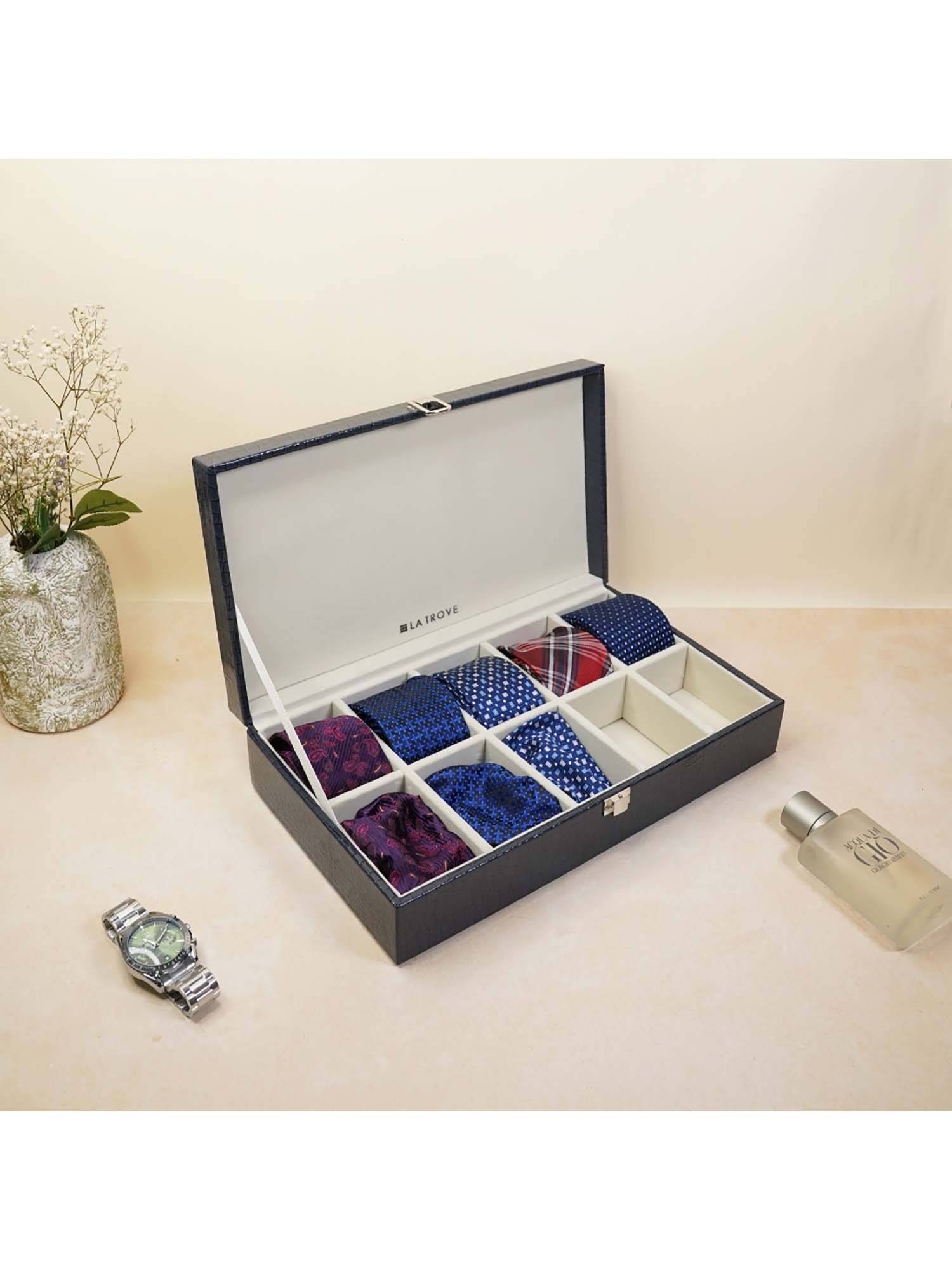 La Trove Blue Leather 10-Slot Tie's & Accessories StorageOrganizer Display Box