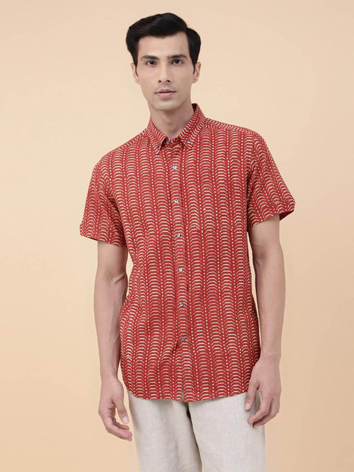 Fabindia Red Cotton Dabu Printed Regular Shirt