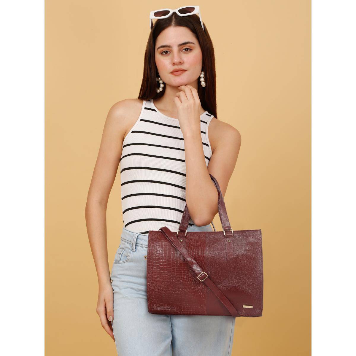 TEAKWOOD Women's Red Croco & Solid Leather Tote Bag with Detachable Strap