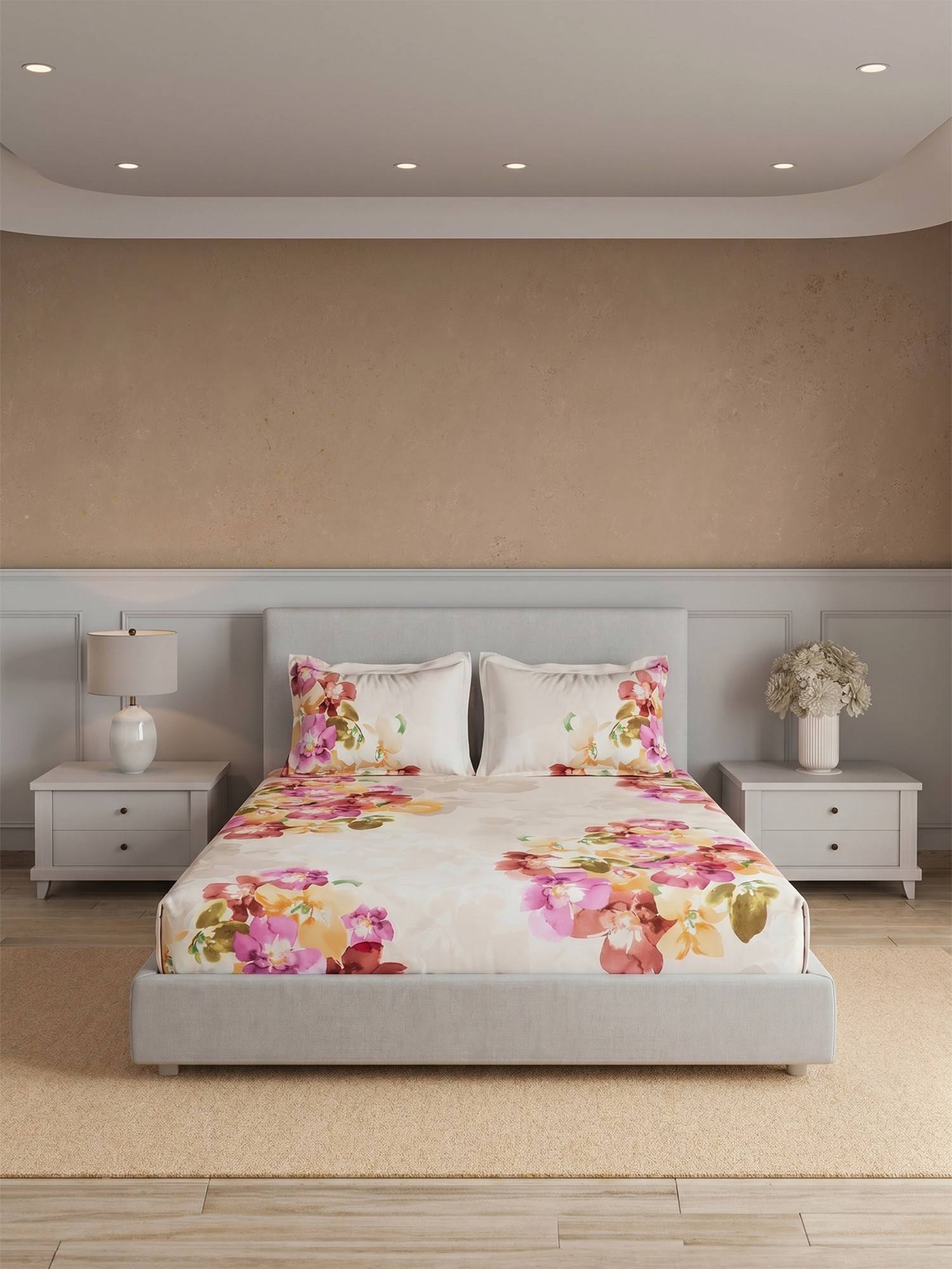 Ddecor Live Beautiful Pure Cotton 210Tc Floral Beige Bedsheet with 2 Pillow Covers (Super King)