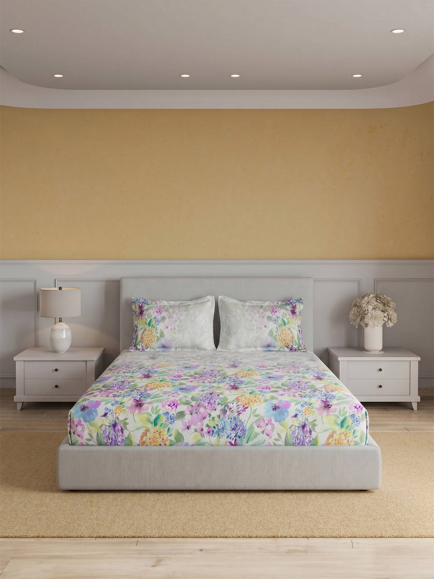 Ddecor Live Beautiful Pure Cotton 210Tc Floral White Bedsheet with 2 Pillow Covers (Super King)