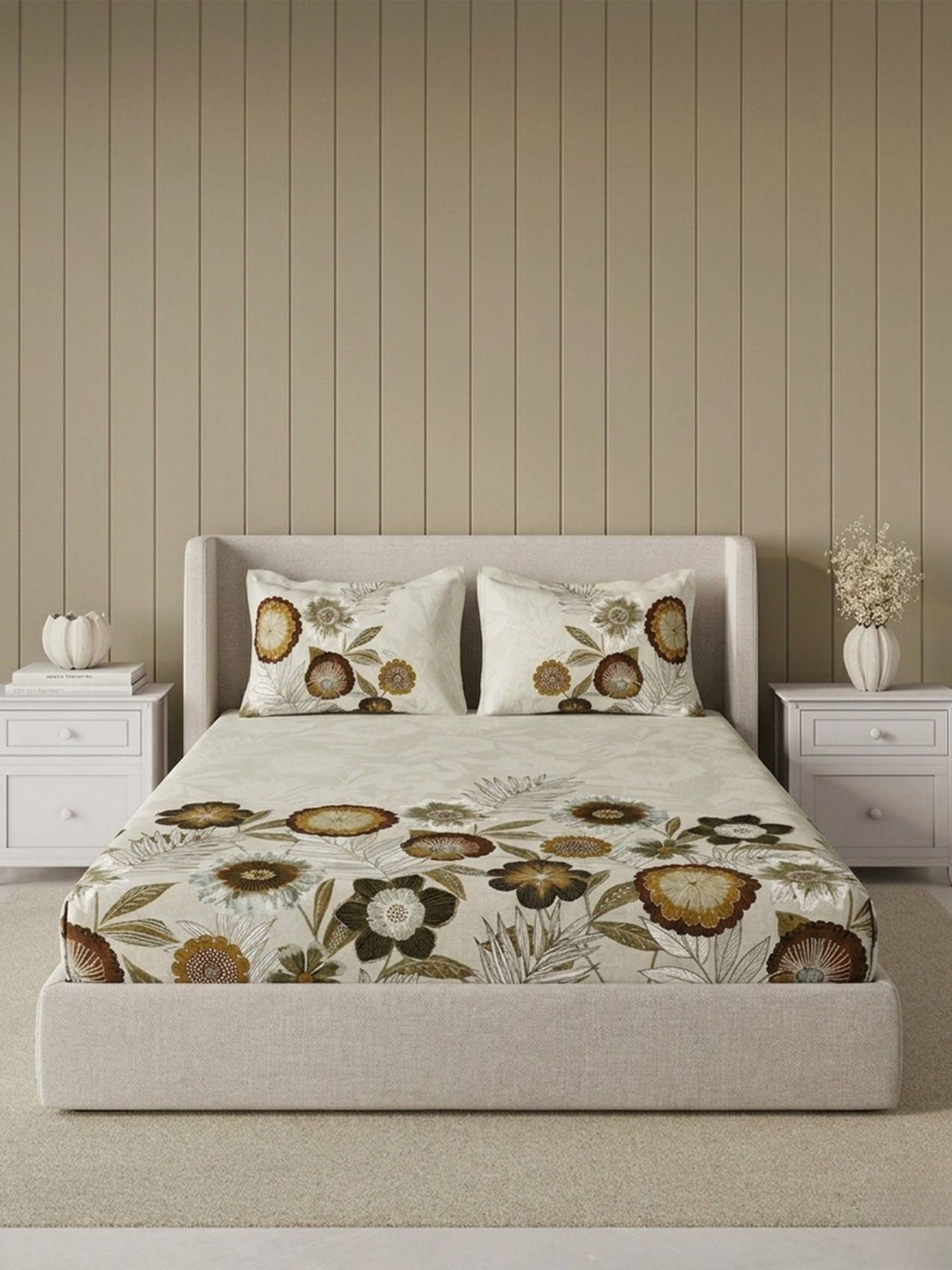 Ddecor Live Beautiful Pure Cotton 145Tc Floral Beige Bedsheet with 2 Pillow Covers (Super King)