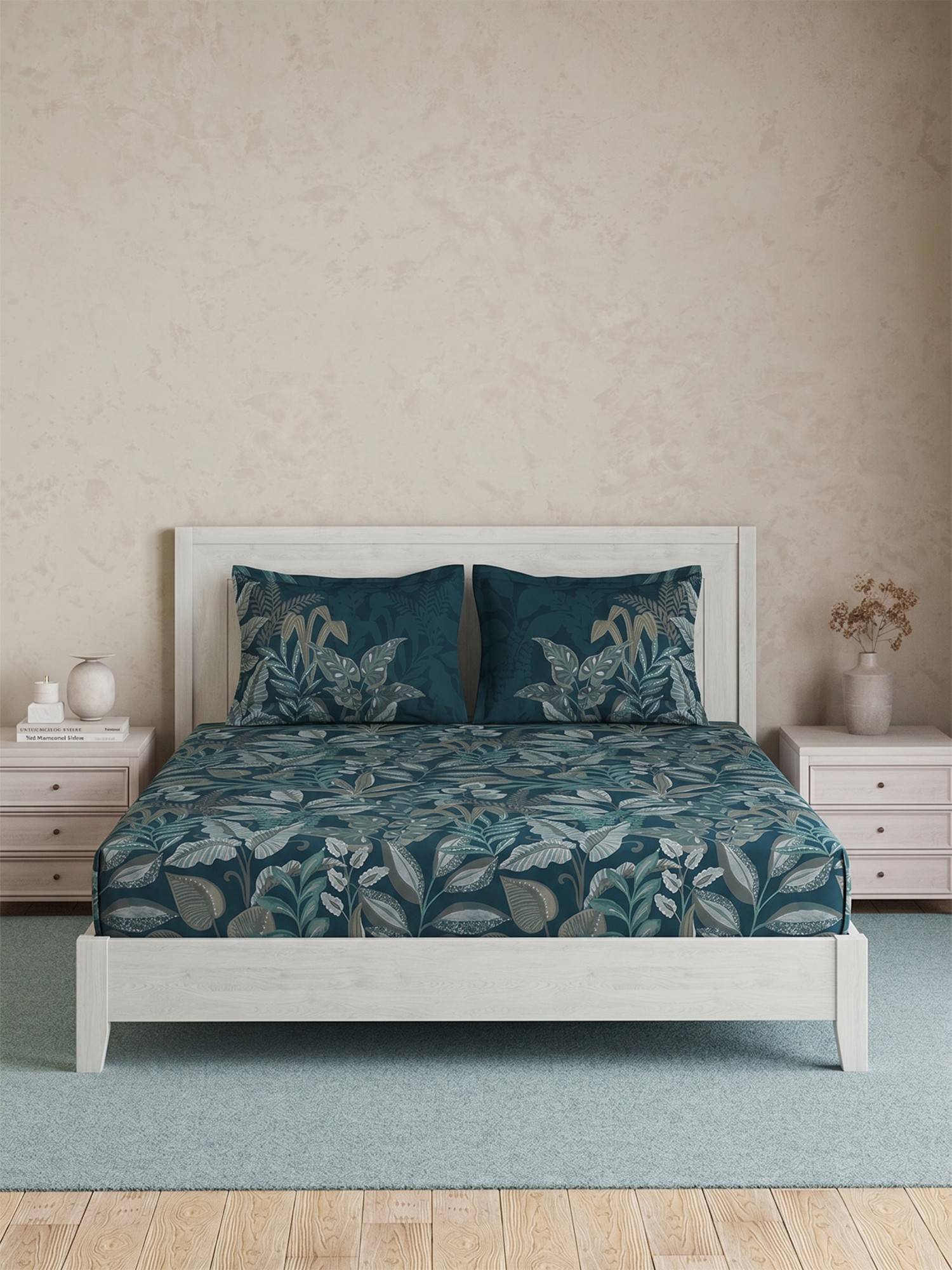 Ddecor Live Beautiful Pure Cotton 145Tc Leaves Teal Bedsheet with 2 Pillow Covers (Super King)