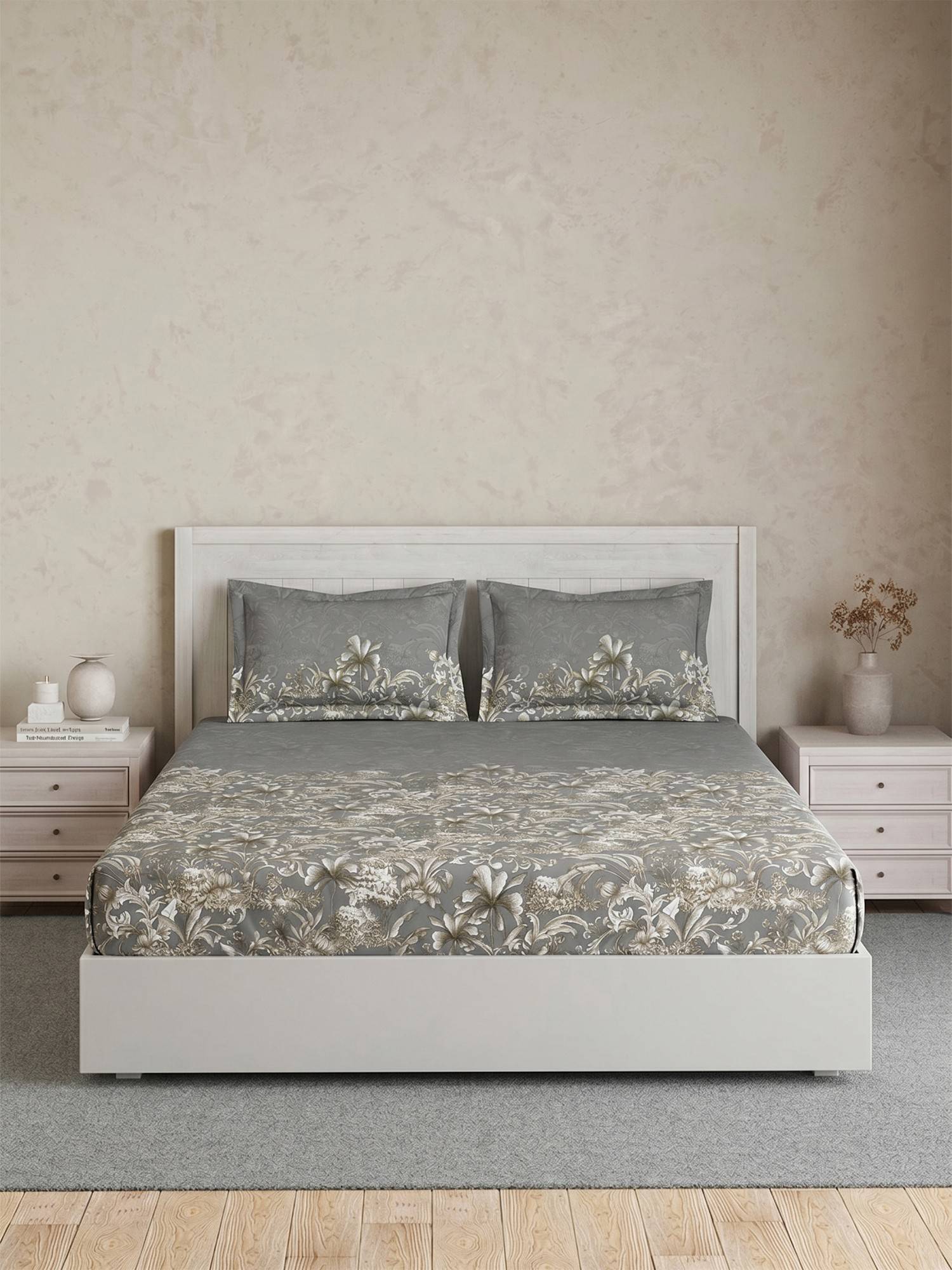 Ddecor Live Beautiful Pure Cotton 145Tc Floral Grey Bedsheet with 2 Pillow Covers (Super King)
