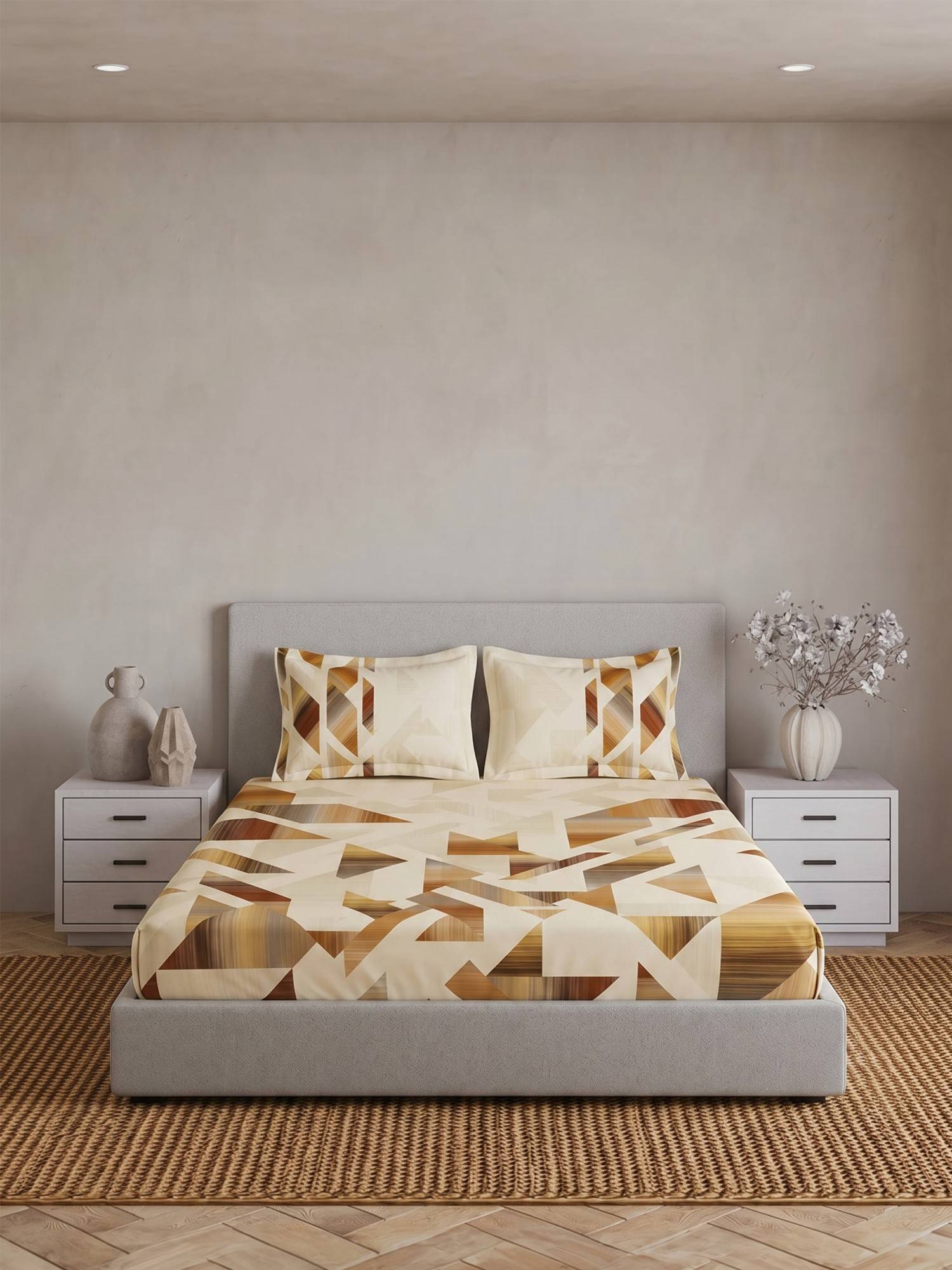 Ddecor Live Beautiful Pure Cotton 180Tc Geometric Brown Bedsheet with 2 Pillow Covers (Super King)