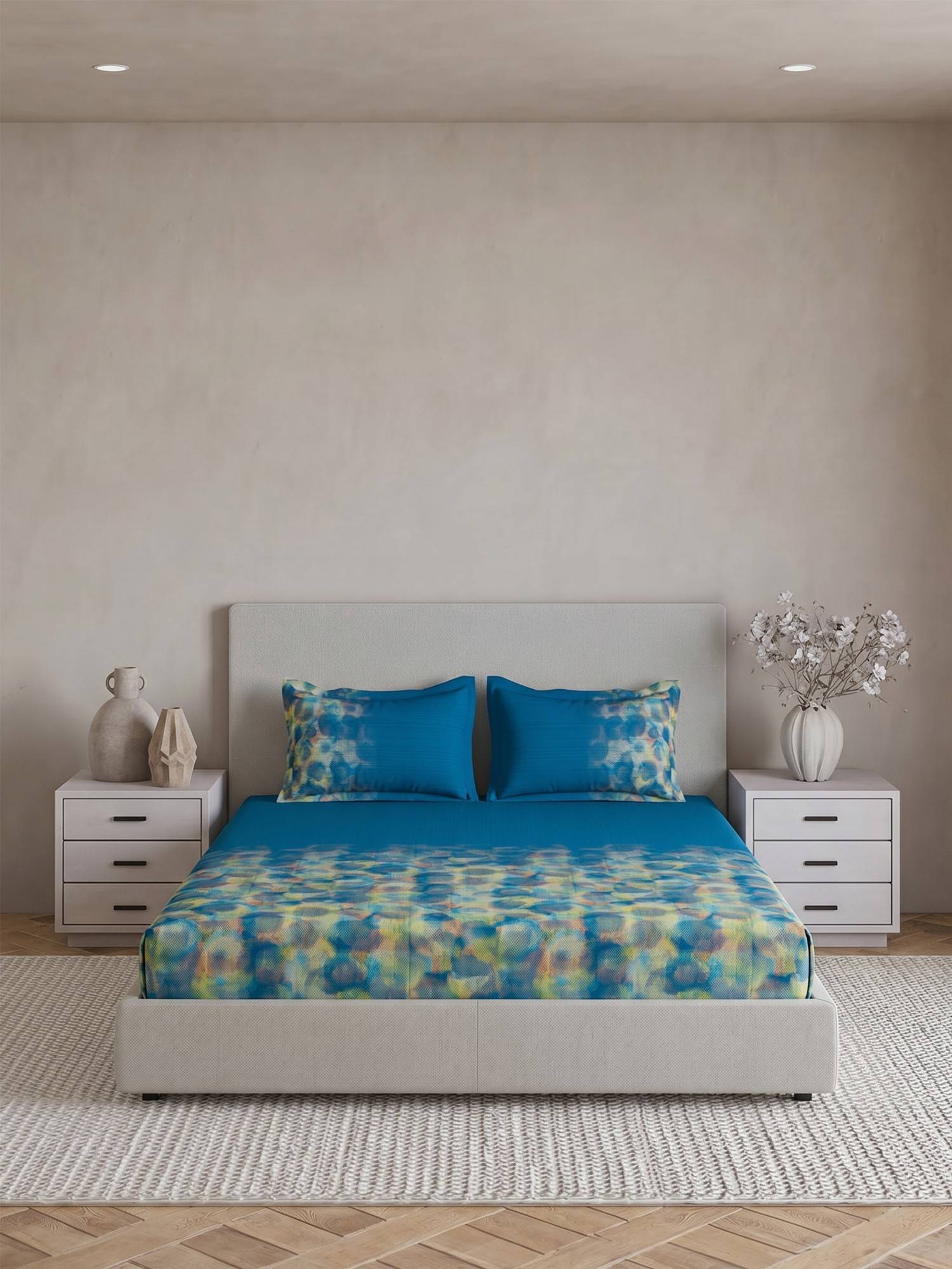 Ddecor Live Beautiful Pure Cotton 180Tc Abstract Blue Bedsheet with 2 Pillow Covers (Super King)