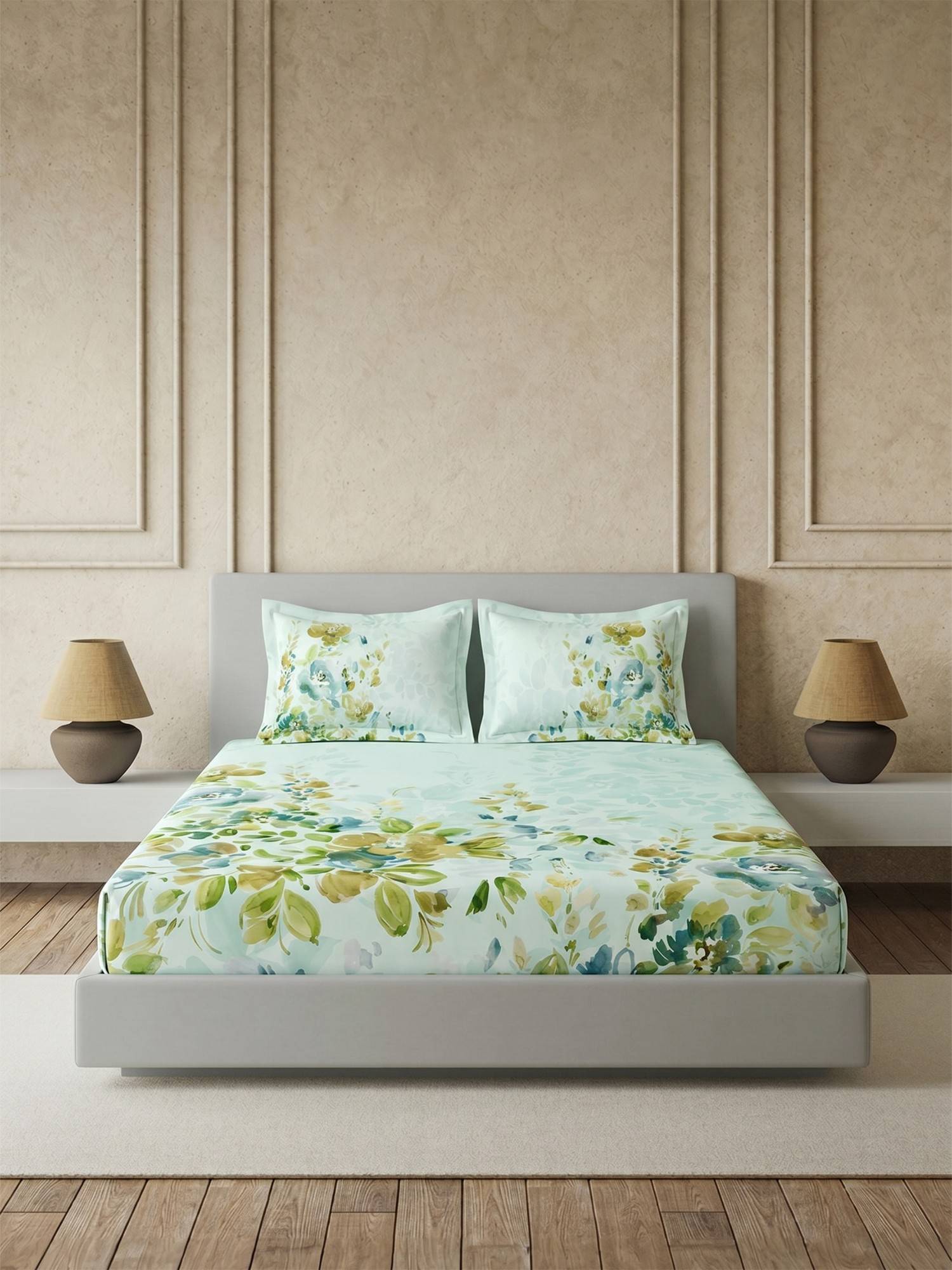 Ddecor Live Beautiful Pure Cotton 145Tc Floral Green Bedsheet with 2 Pillow Covers (King)