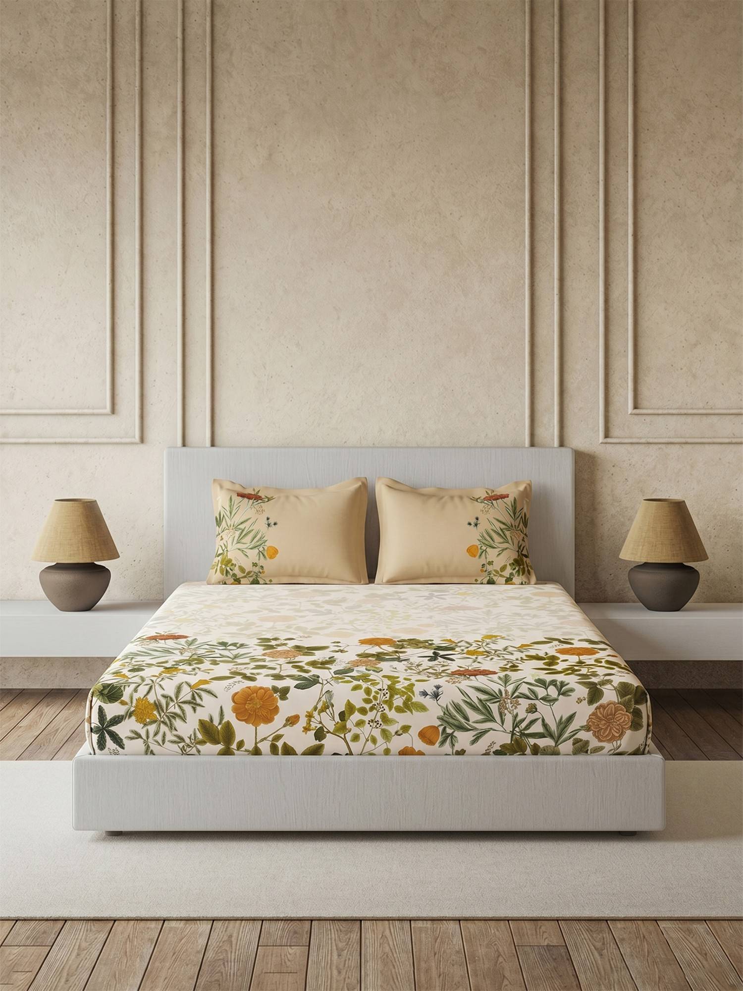 Ddecor Live Beautiful Pure Cotton 145Tc Floral Off White Bedsheet with 2 Pillow Covers (King)