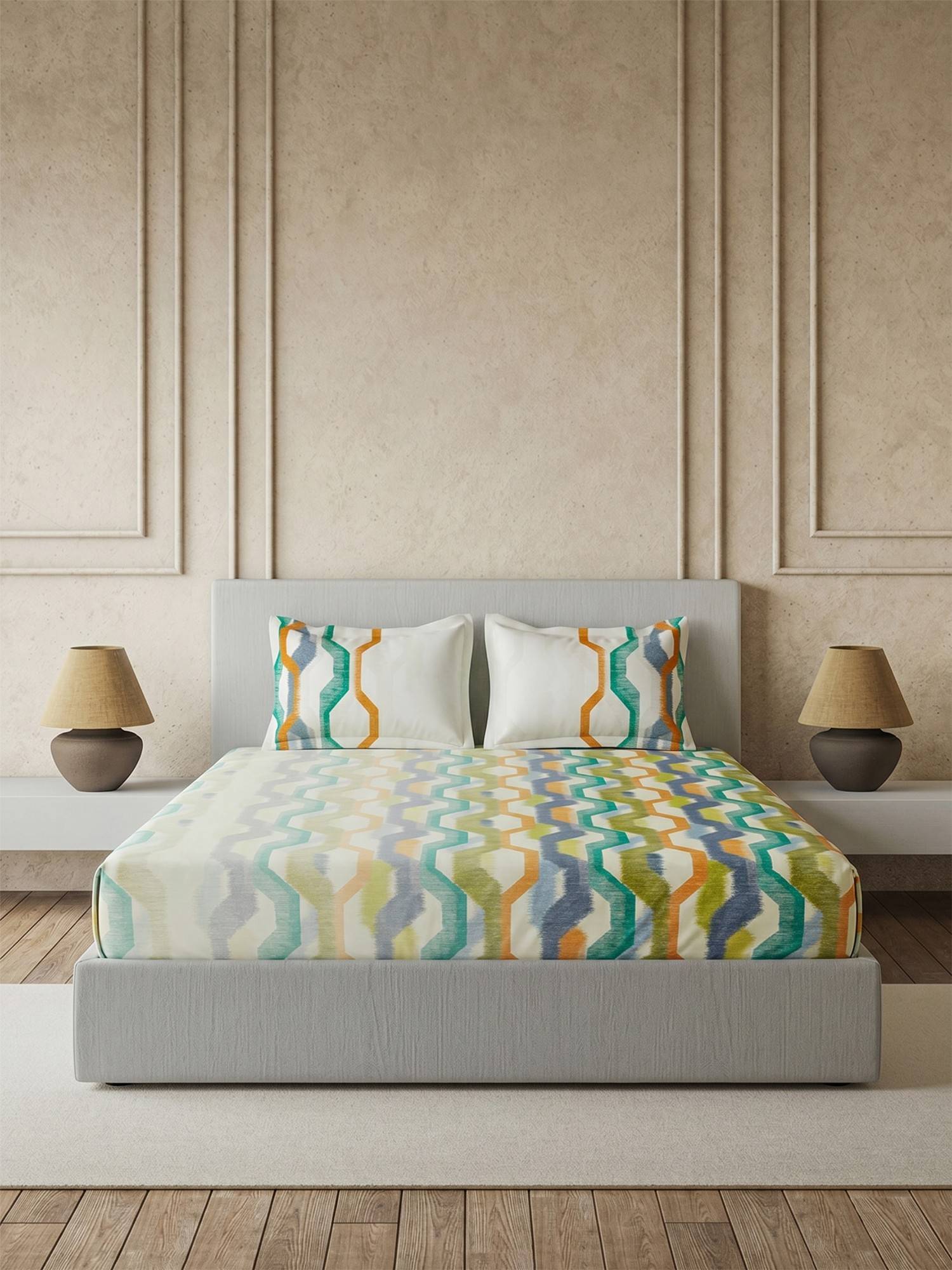 Ddecor Live Beautiful Pure Cotton 145Tc Geometric Green Fitted Bedsheet with 2 Pillow Covers (King)