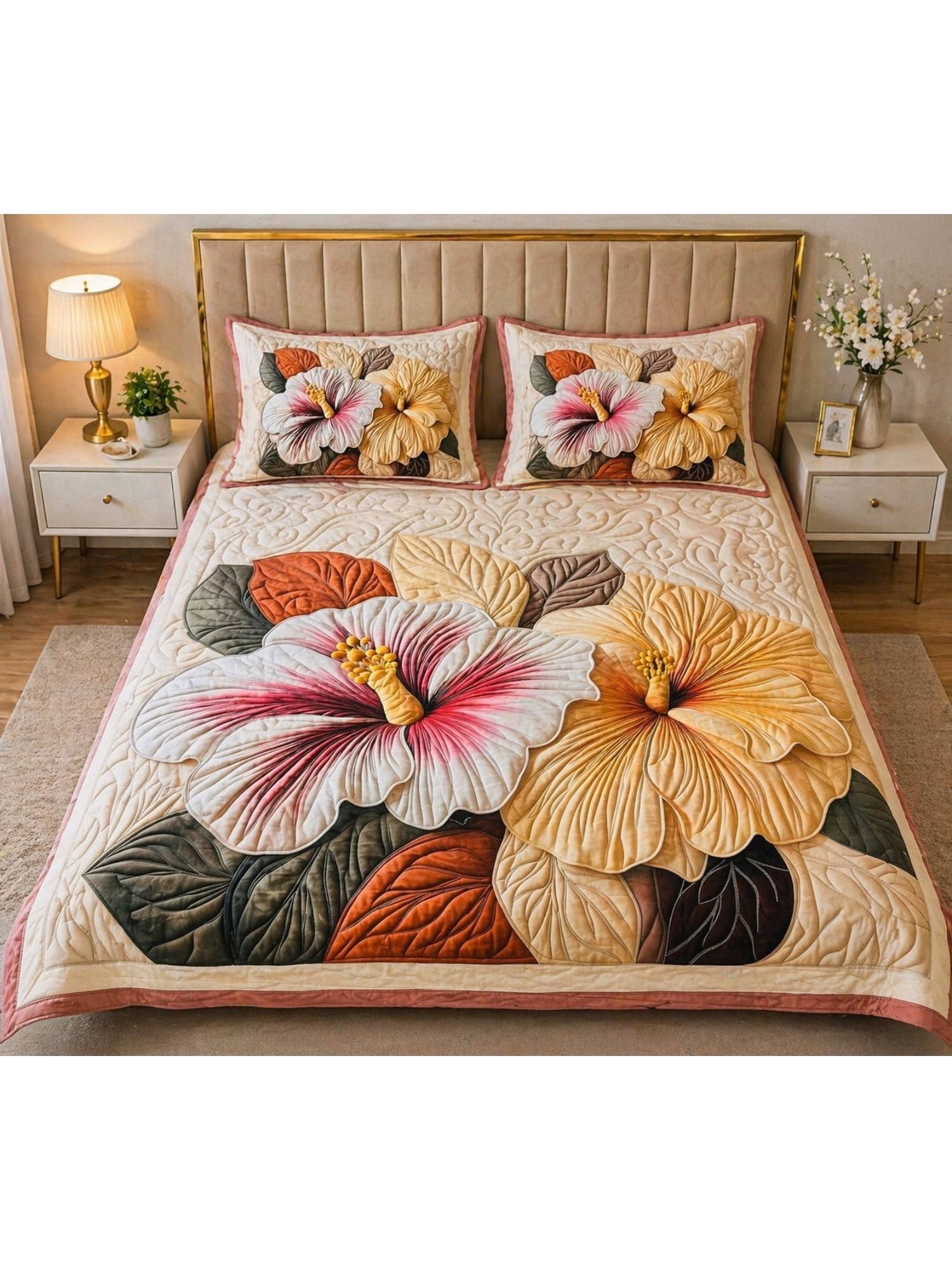 HOSTA HOMES Beige Soft Fabric 7D Quilted Printed Bedsheet with 2 Pillow Covers (Queen)