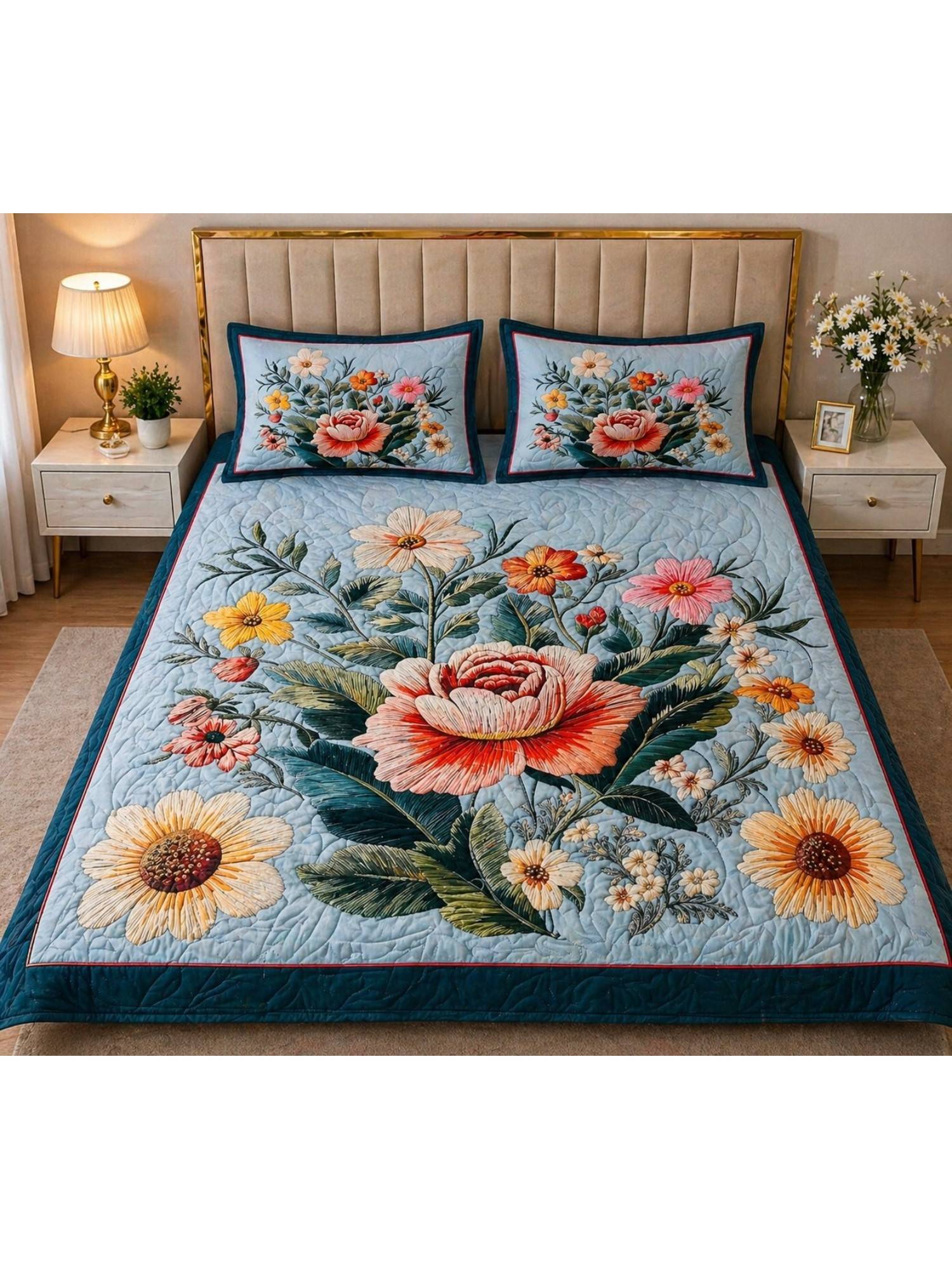 HOSTA HOMES Blue Soft Fabric 7D Quilted Printed Bedsheet with 2 Pillow Covers (Queen)