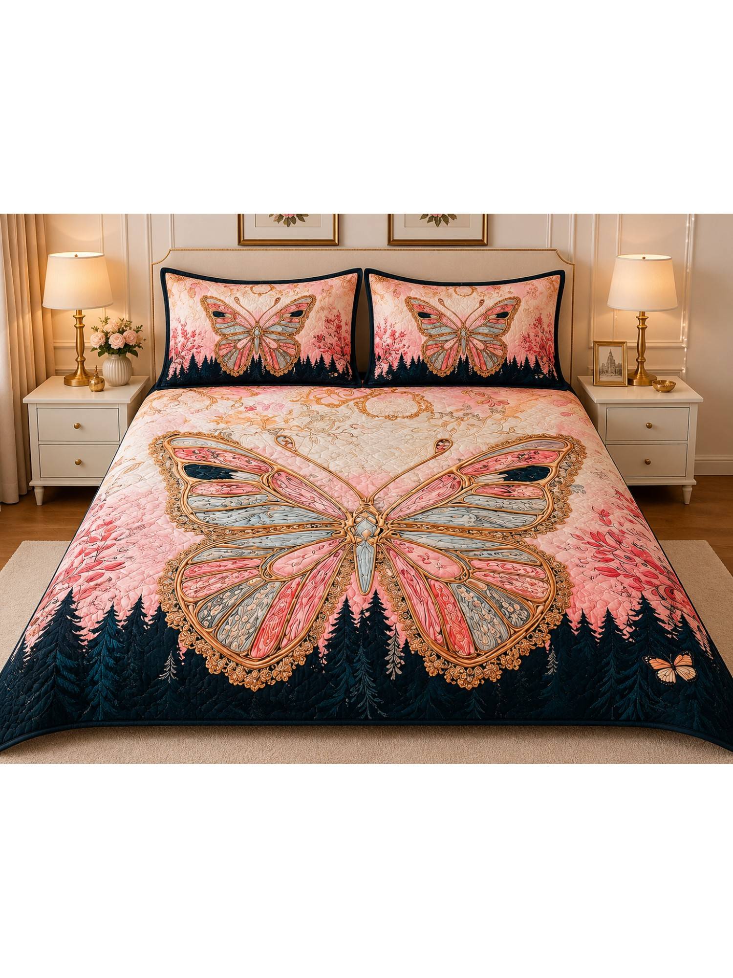 HOSTA HOMES Pink Soft Fabric 7D Quilted Printed Bedsheet with 2 Pillow Covers (Queen)