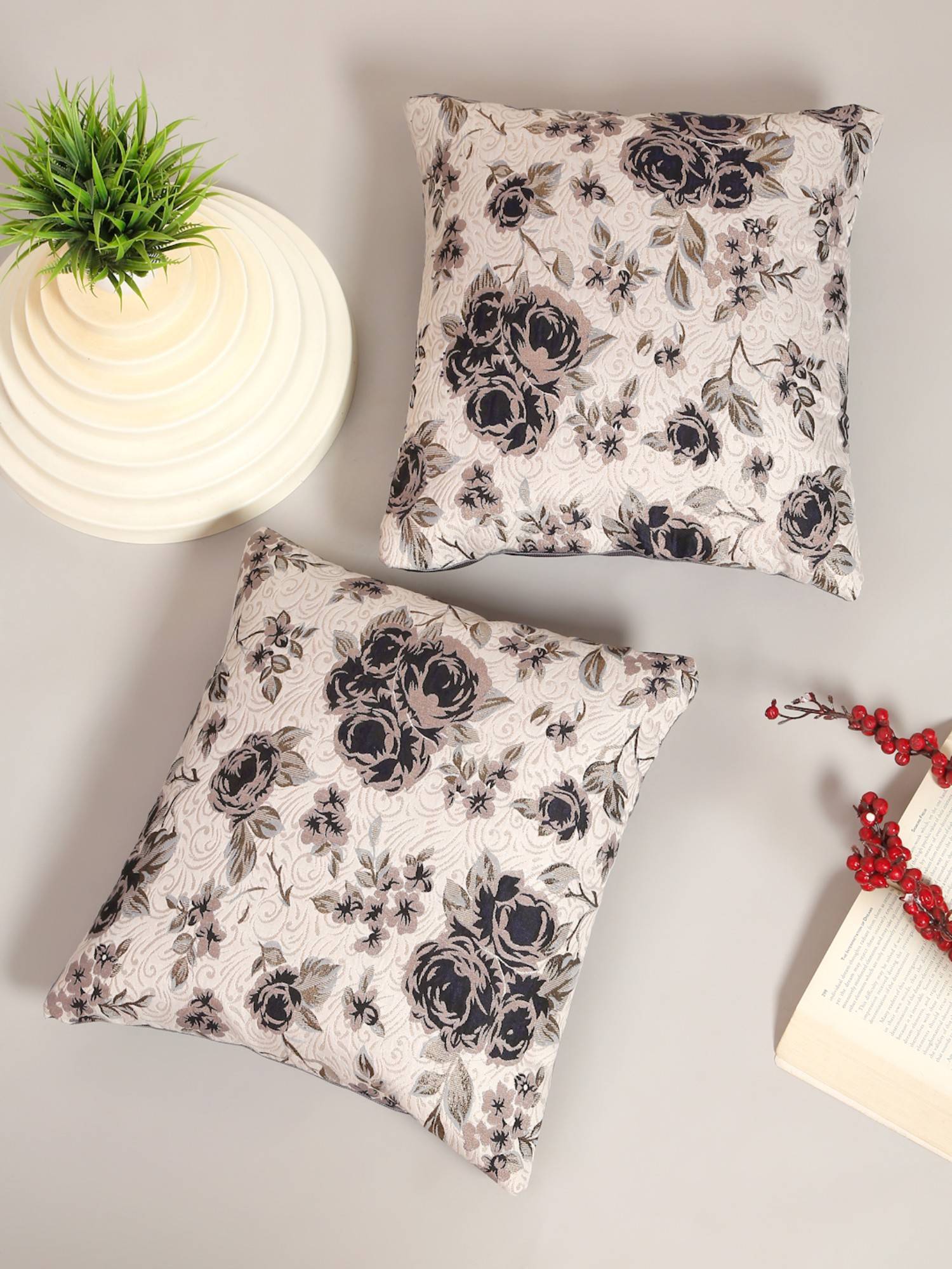 HOSTA HOMES Grey Jacquard Designed Polyester Based Cushion Covers (Pack of 2) (16 x 16 Inches)