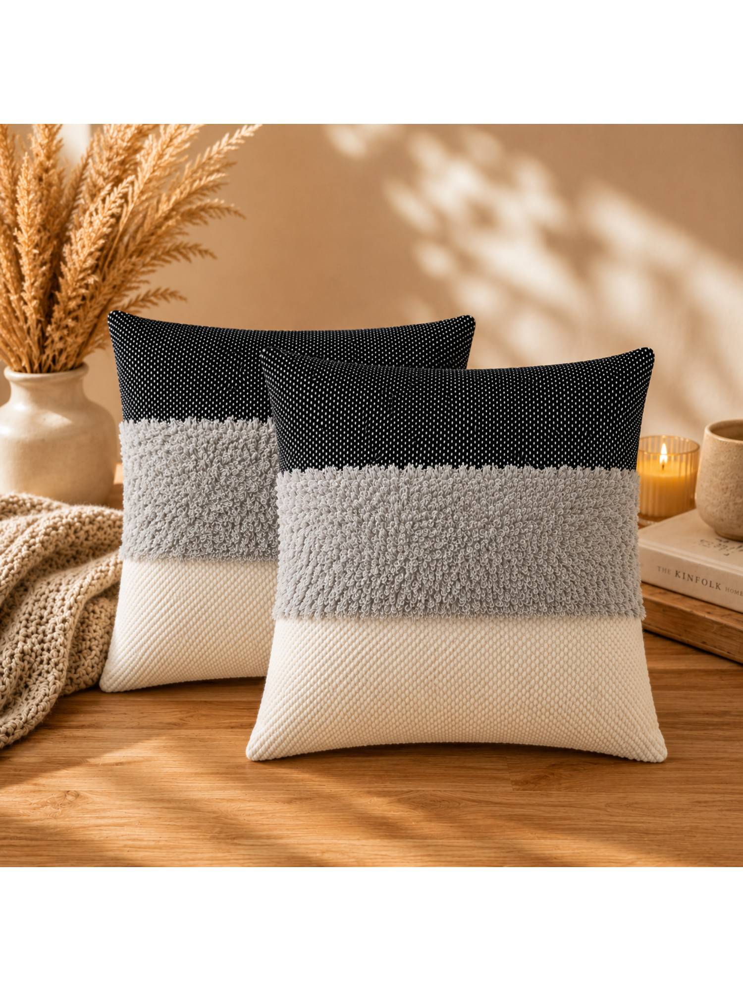 HOSTA HOMES Grey Square Cushion Covers (Pack of 2) (16 x 16 Inches)