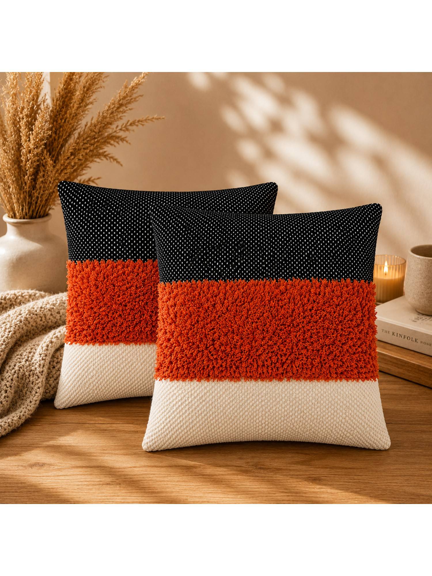 HOSTA HOMES Orange Square Cushion Covers (Pack of 2) (16 x 16 Inches)