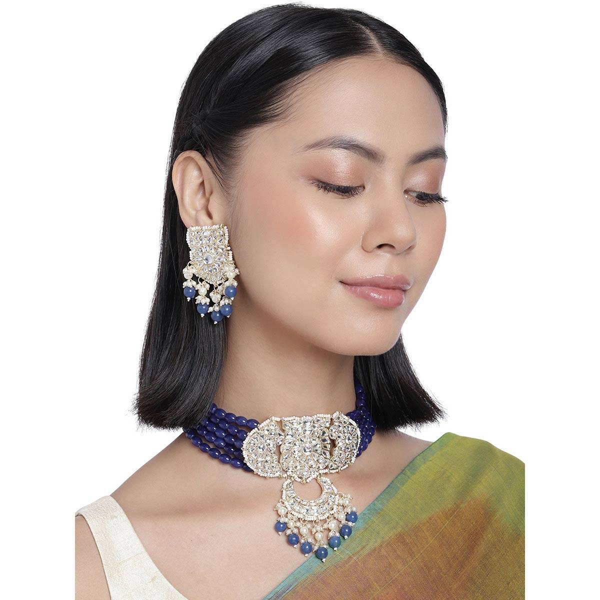 Accessher Gold Toned Kundan & Blue Beaded Stone Enamel Jewellery Set for Women