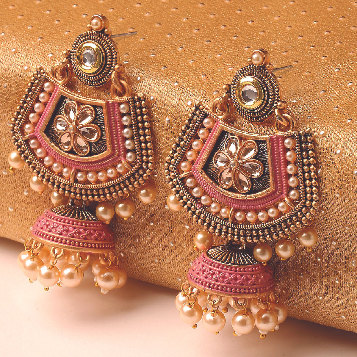 OOMPH Pink Meenakari & Kundan Pearls Floral Large Drop Jhumka Earring