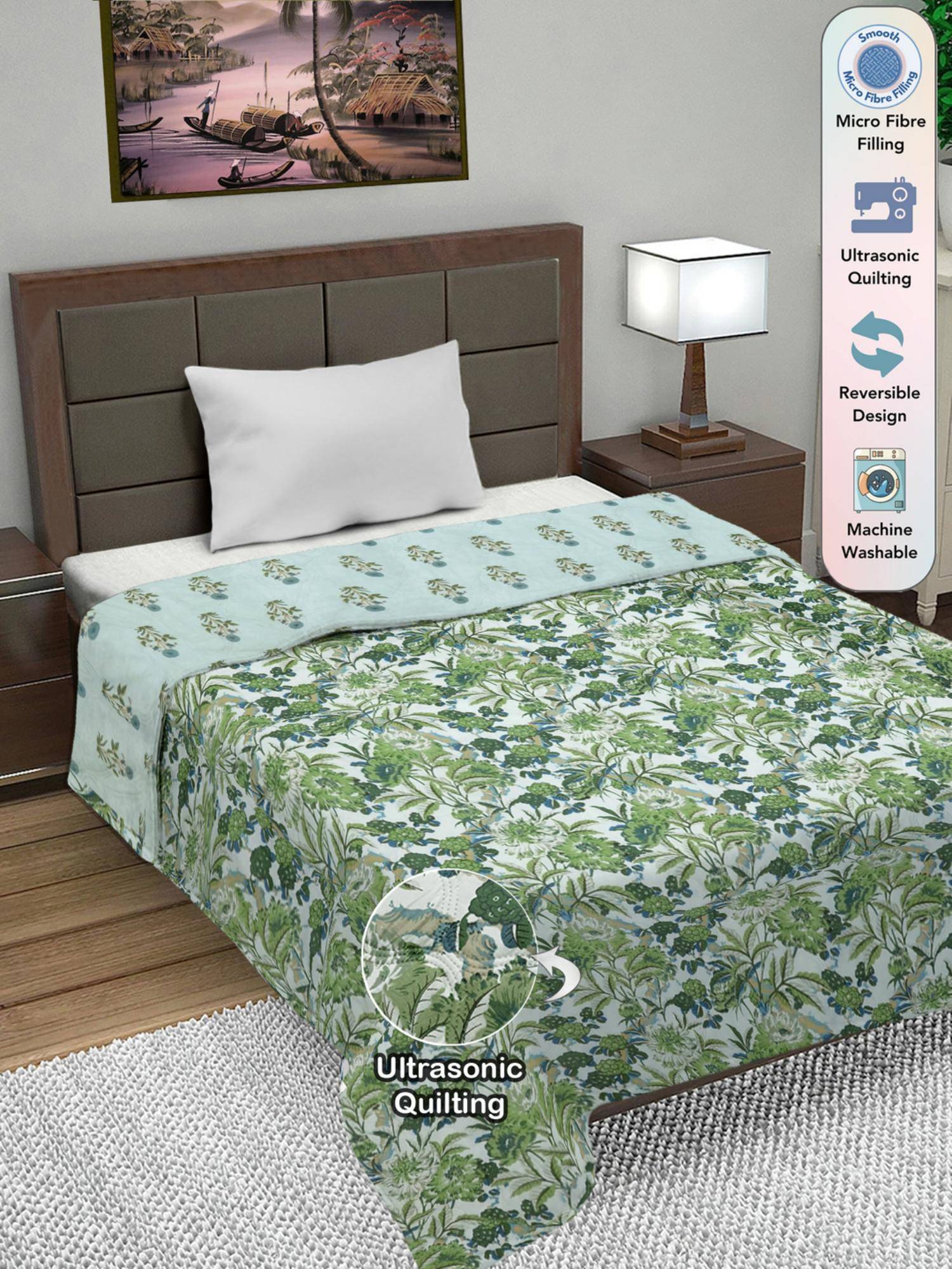 FABINALIV Green Floral Ultrasonic Quilted Reversible Ac Room Single Bed Comforter (Single)