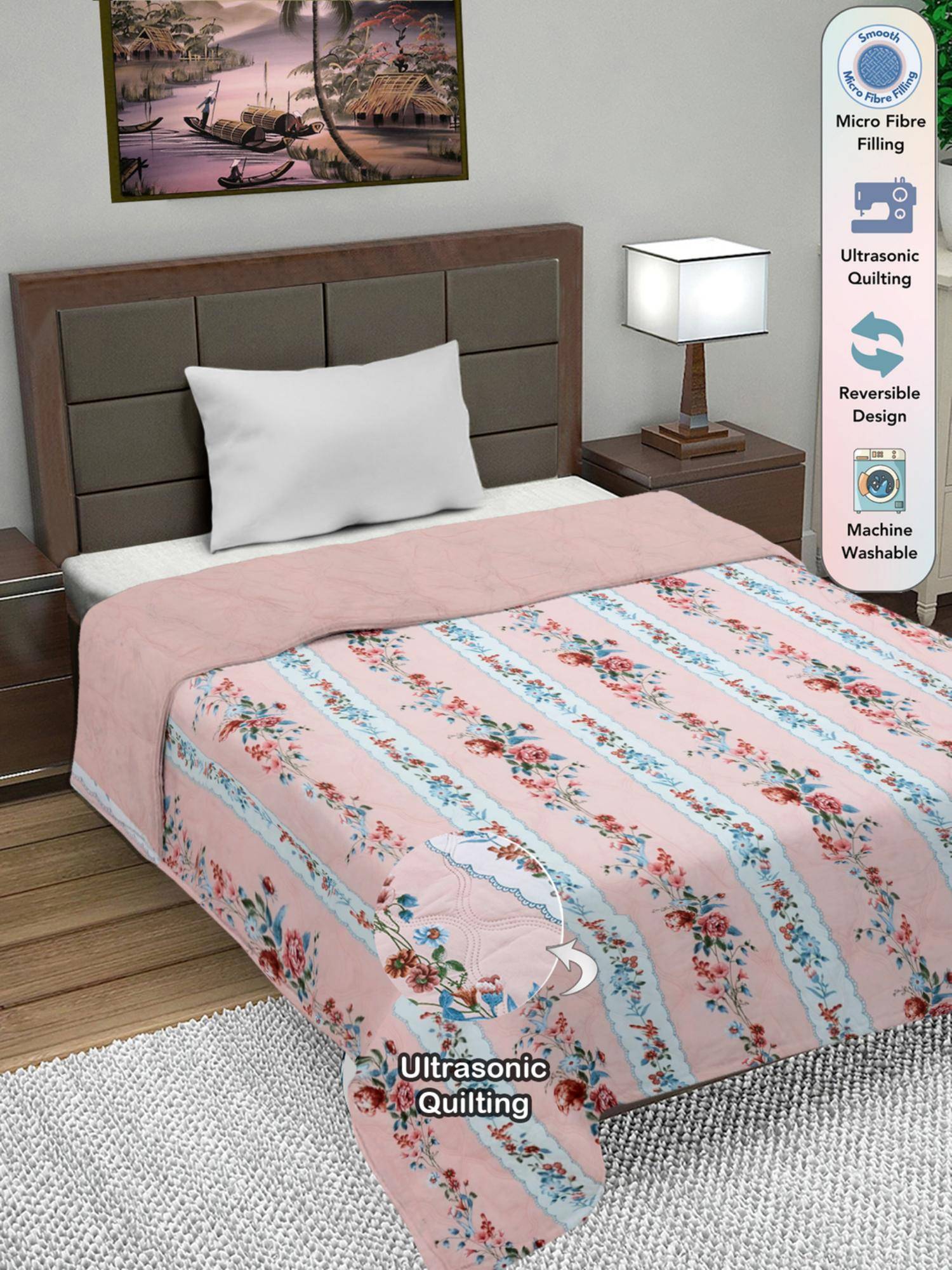 FABINALIV Pink Floral Ultrasonic Quilted Reversible Ac Room Single Bed Comforter (Single)
