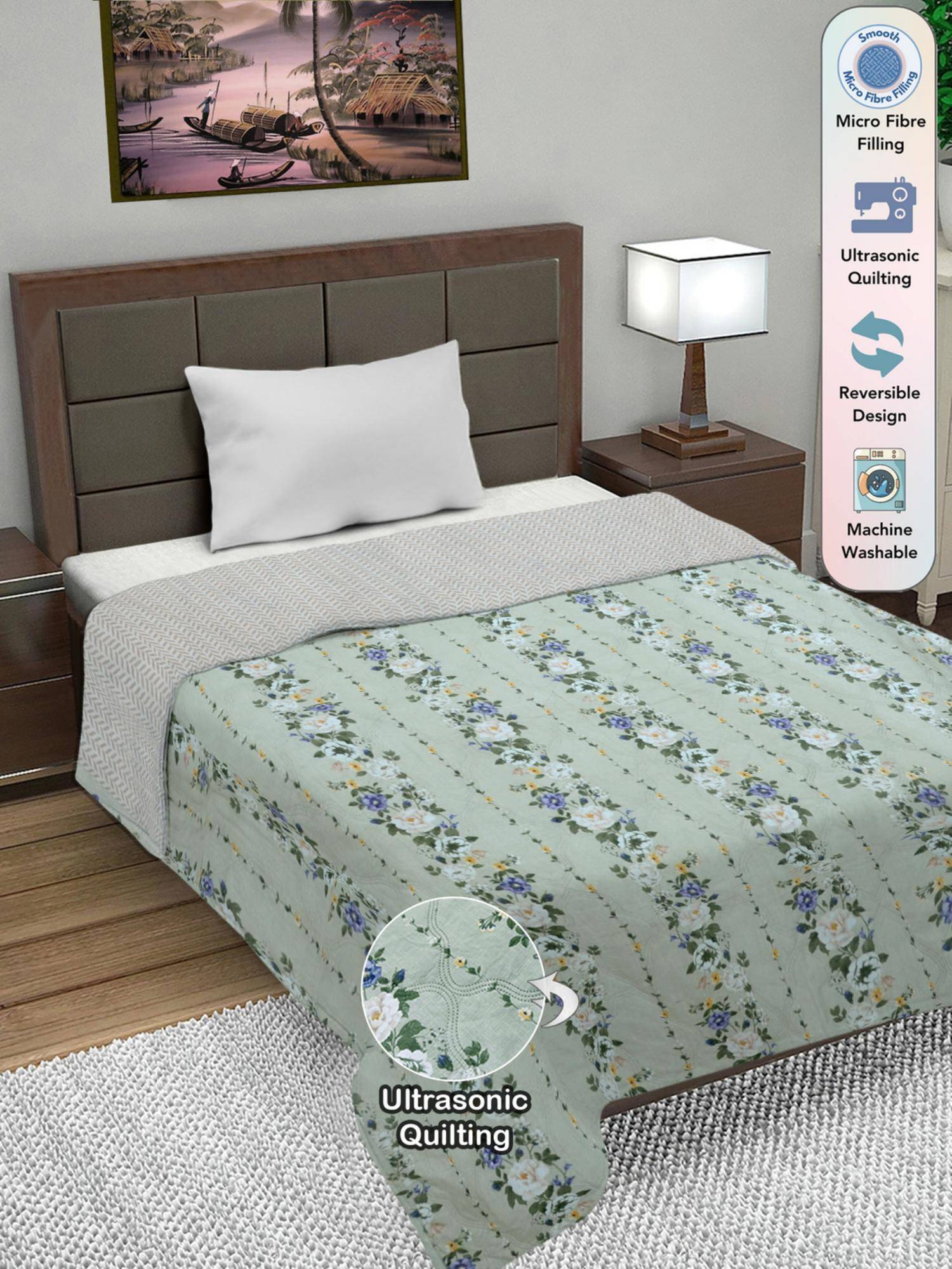 FABINALIV Green Floral Ultrasonic Quilted Reversible Ac Room Single Bed Comforter (Single)