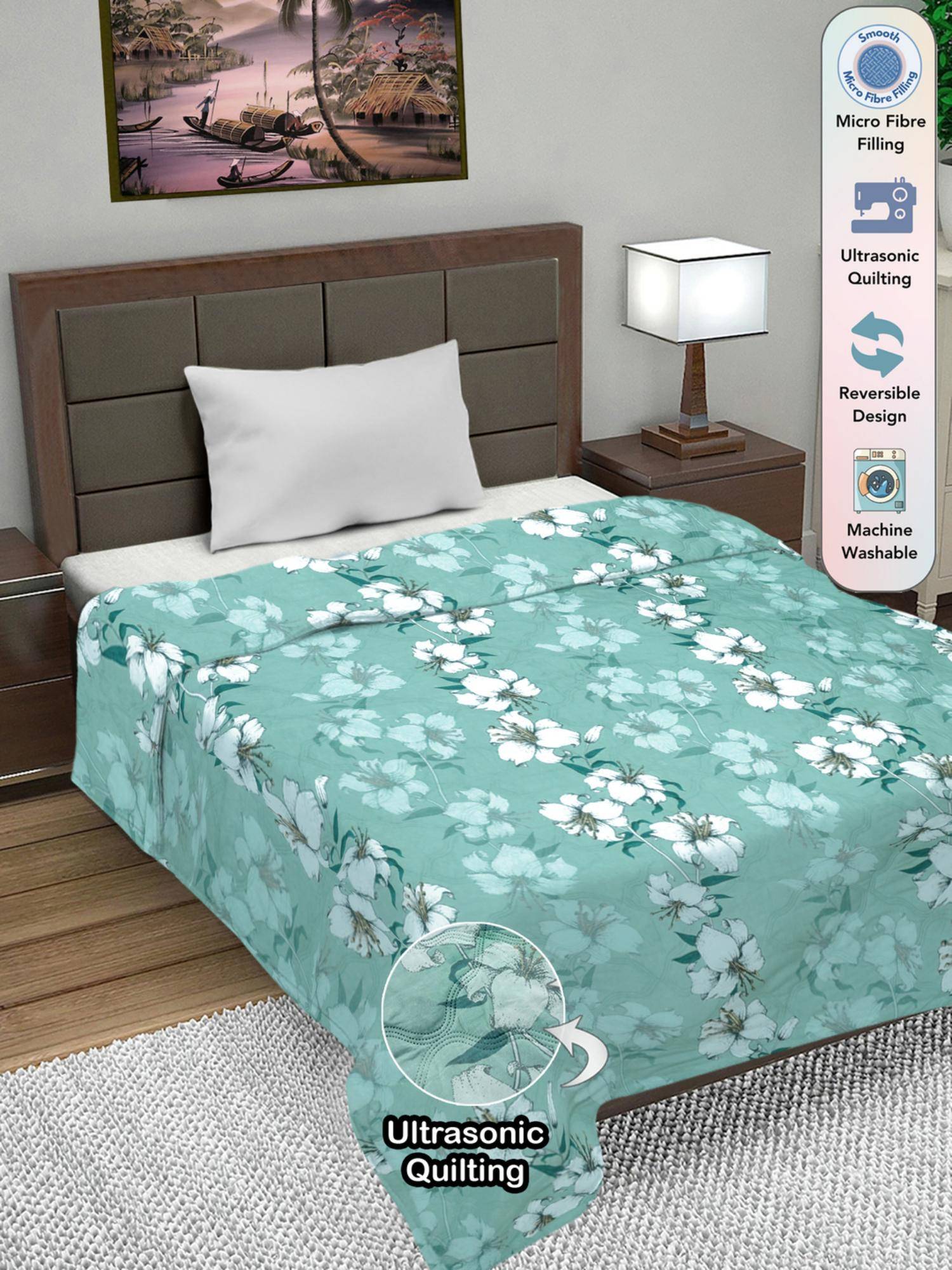 FABINALIV Green Floral Ultrasonic Quilted Reversible Ac Room Single Bed Comforter (Single)