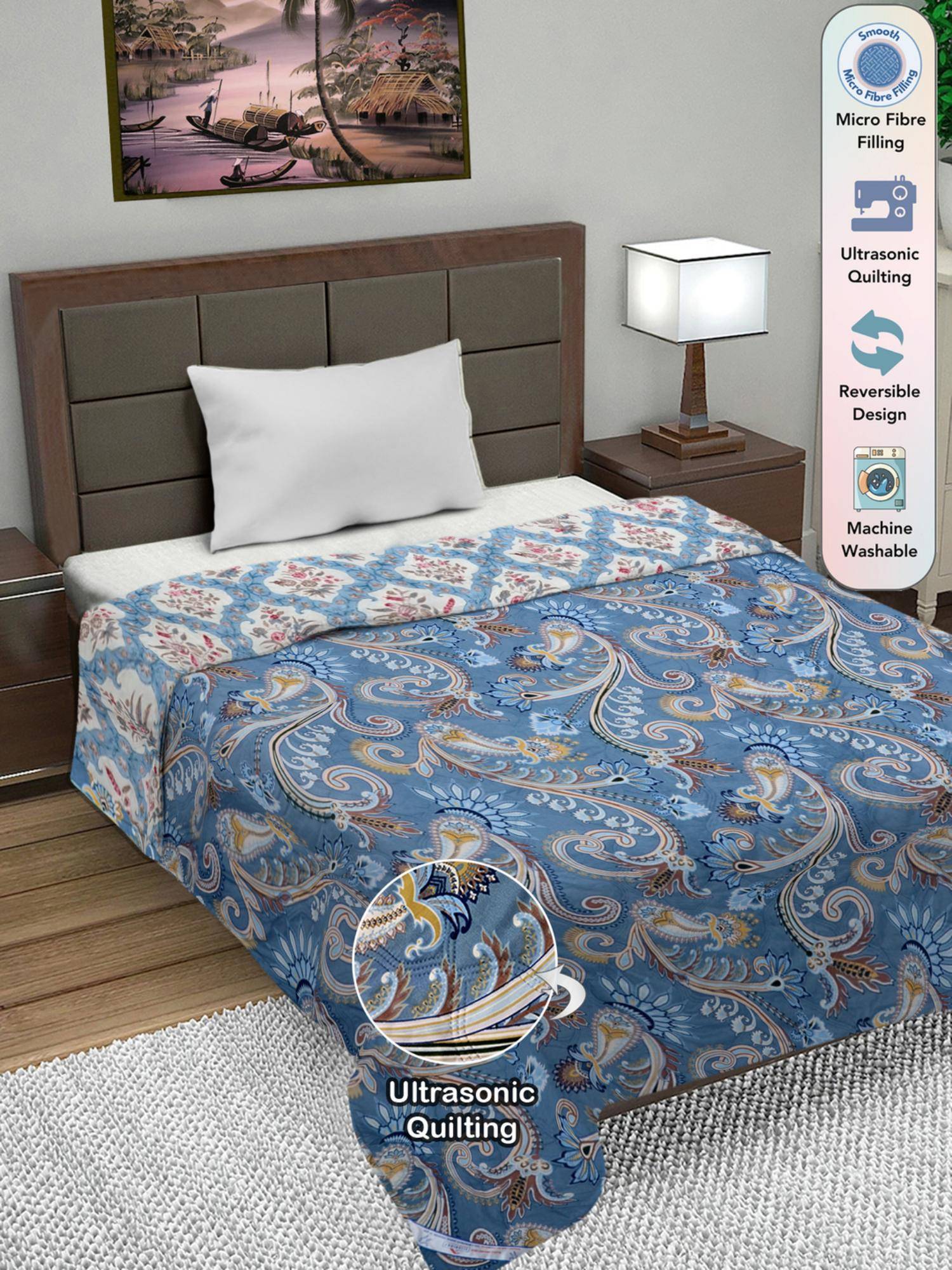 FABINALIV Blue Floral Ultrasonic Quilted Reversible Ac Room Single Bed Comforter (Single)