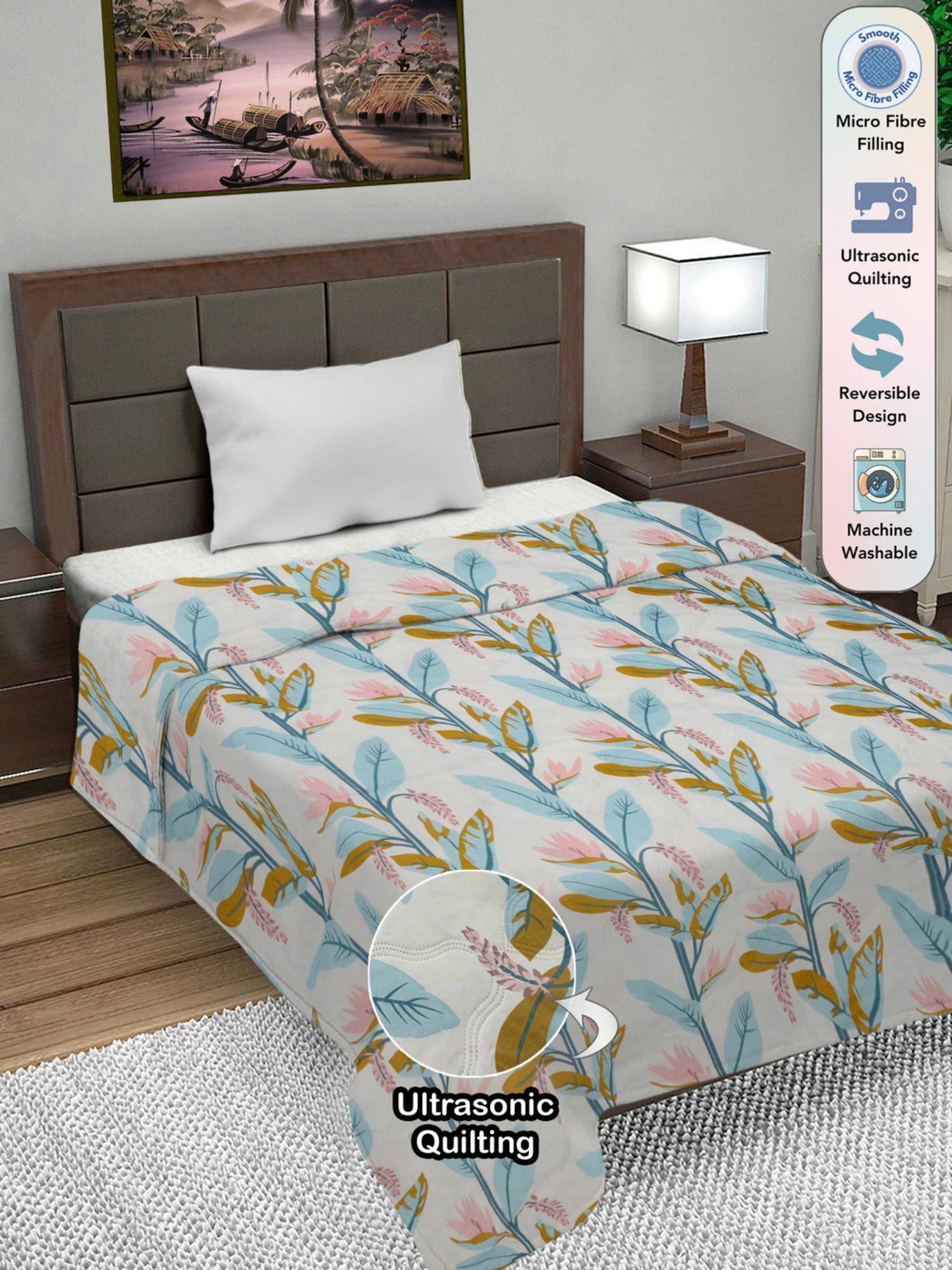 FABINALIV White Floral Ultrasonic Quilted Reversible Ac Room Single Bed Comforter (Single)