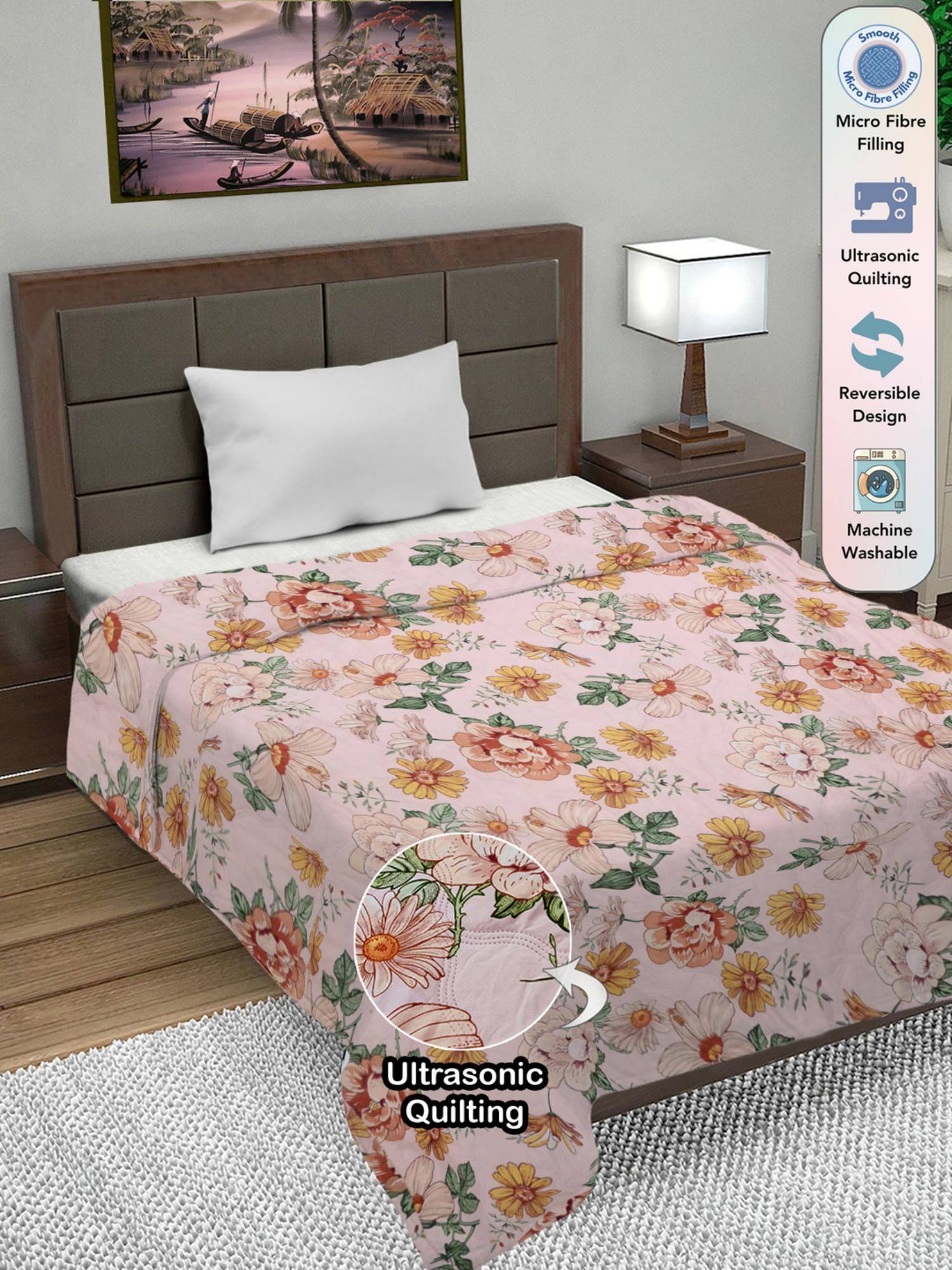 FABINALIV Pink Floral Ultrasonic Quilted Reversible Ac Room Single Bed Comforter (Single)