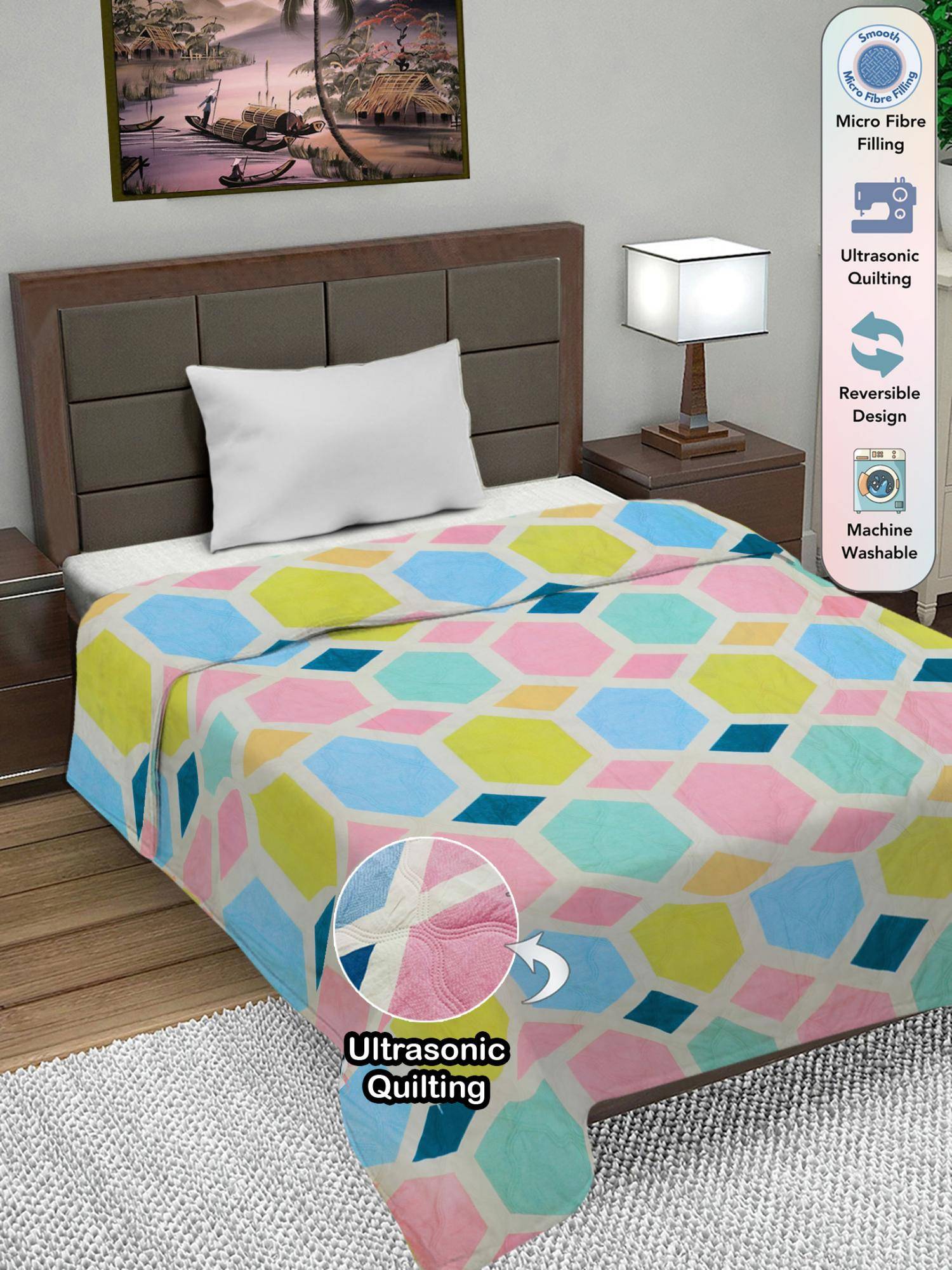 FABINALIV Multi-Color Geometric Ultrasonic Quilted Reversible Ac Room Single Bed Comforter (Single)