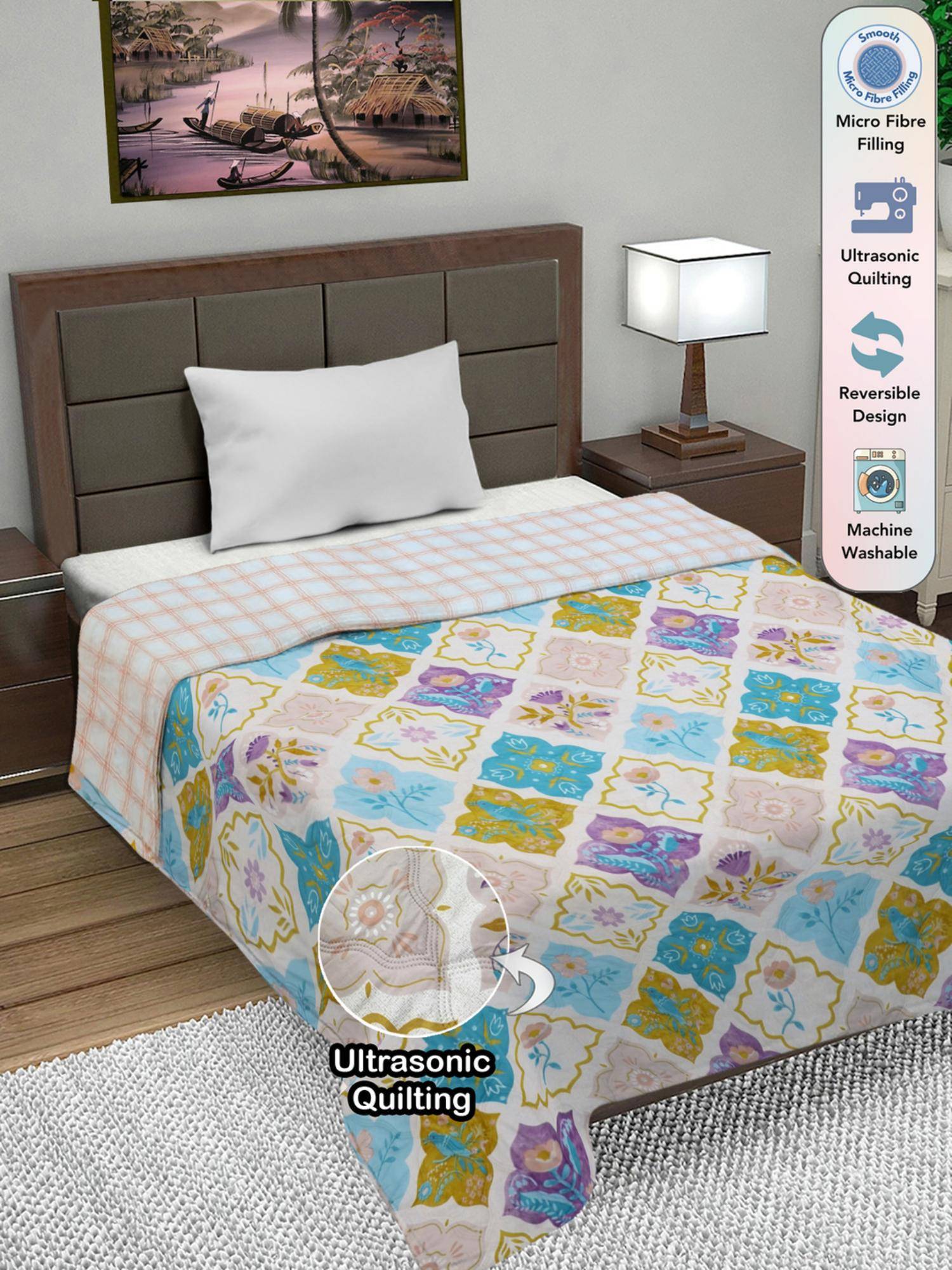 FABINALIV Multi-Color Floral Ultrasonic Quilted Reversible Ac Room Single Bed Comforter (Single)