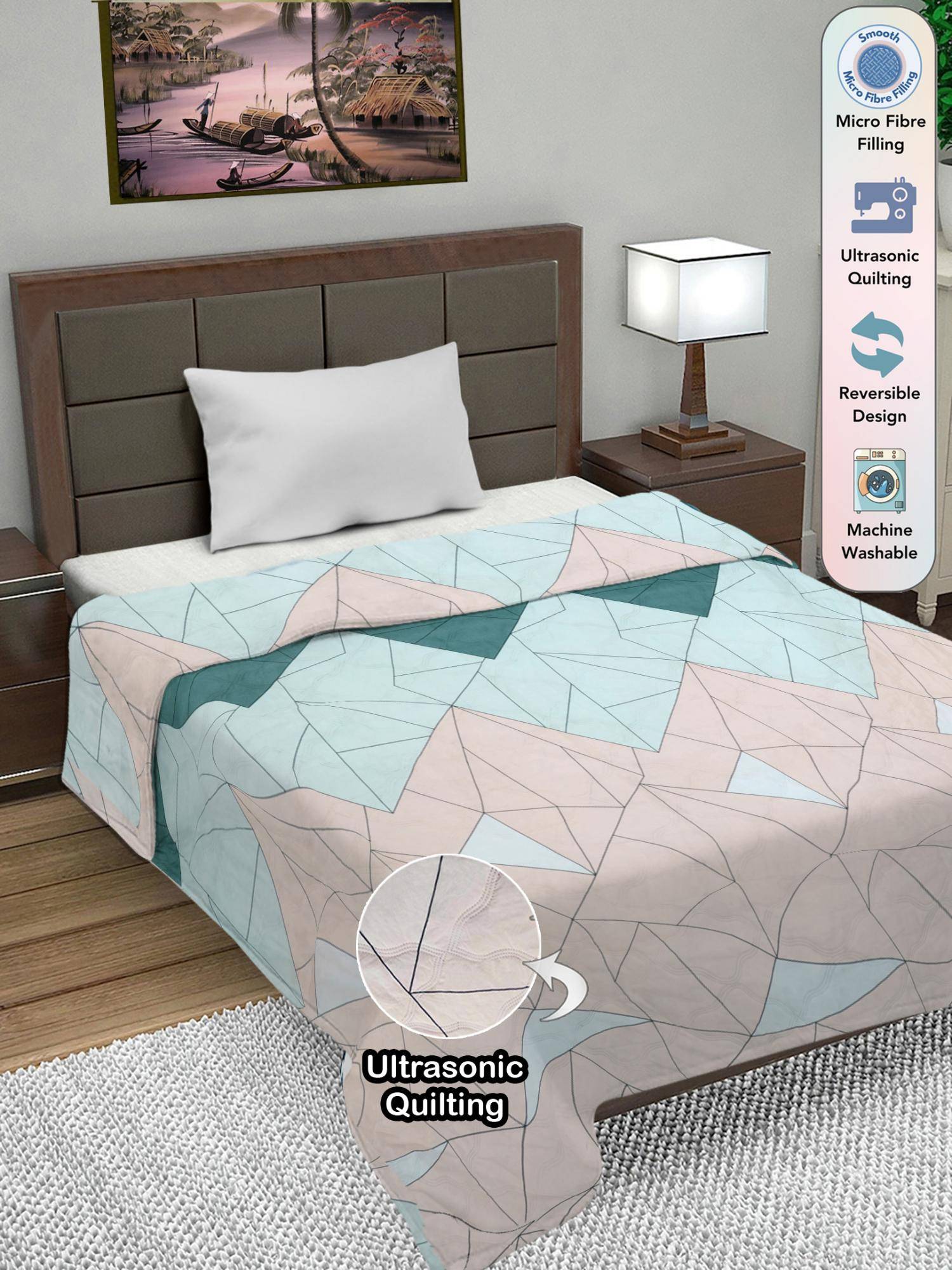 FABINALIV Multi-Color Geometric Ultrasonic Quilted Reversible Ac Room Single Bed Comforter (Single)