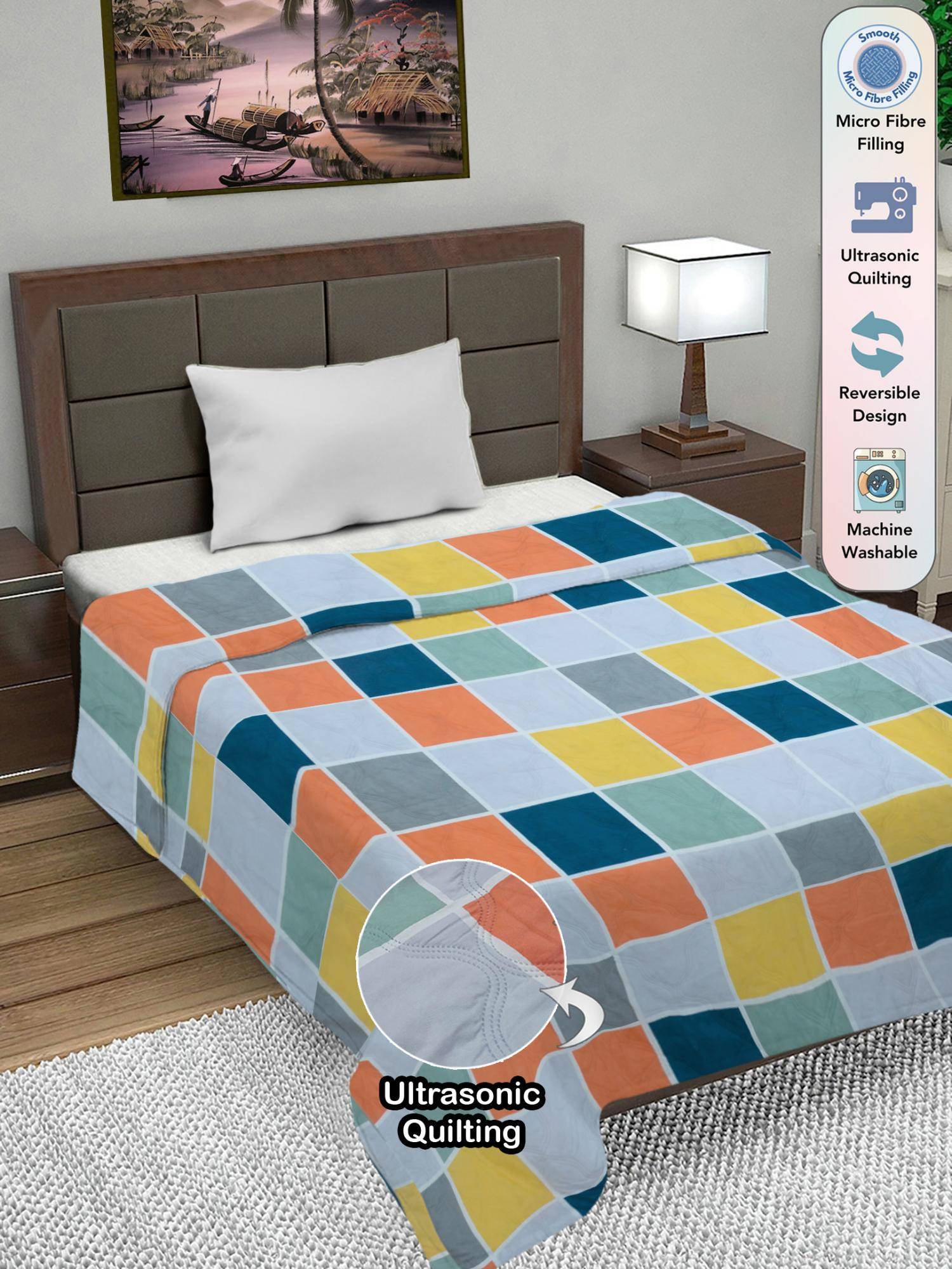 FABINALIV Multi-Color Geometric Ultrasonic Quilted Reversible Ac Room Single Bed Comforter (Single)