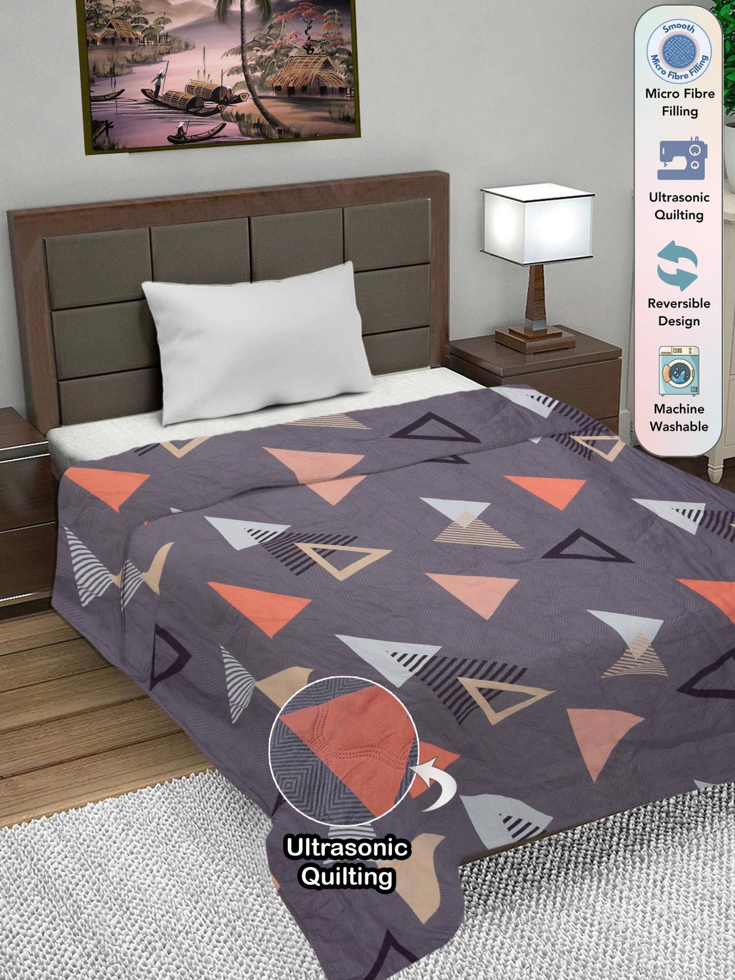 FABINALIV Grey Geometric Ultrasonic Quilted Reversible Ac Room Single Bed Comforter (Single)