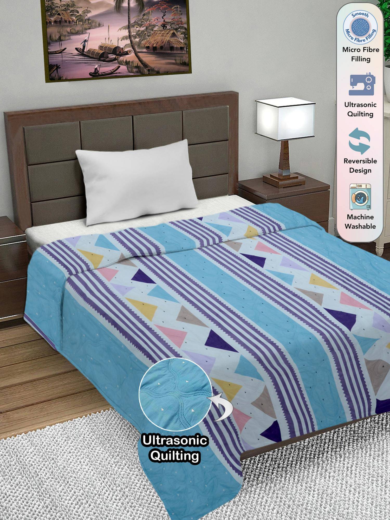 FABINALIV Blue Geometric Ultrasonic Quilted Reversible Ac Room Single Bed Comforter (Single)