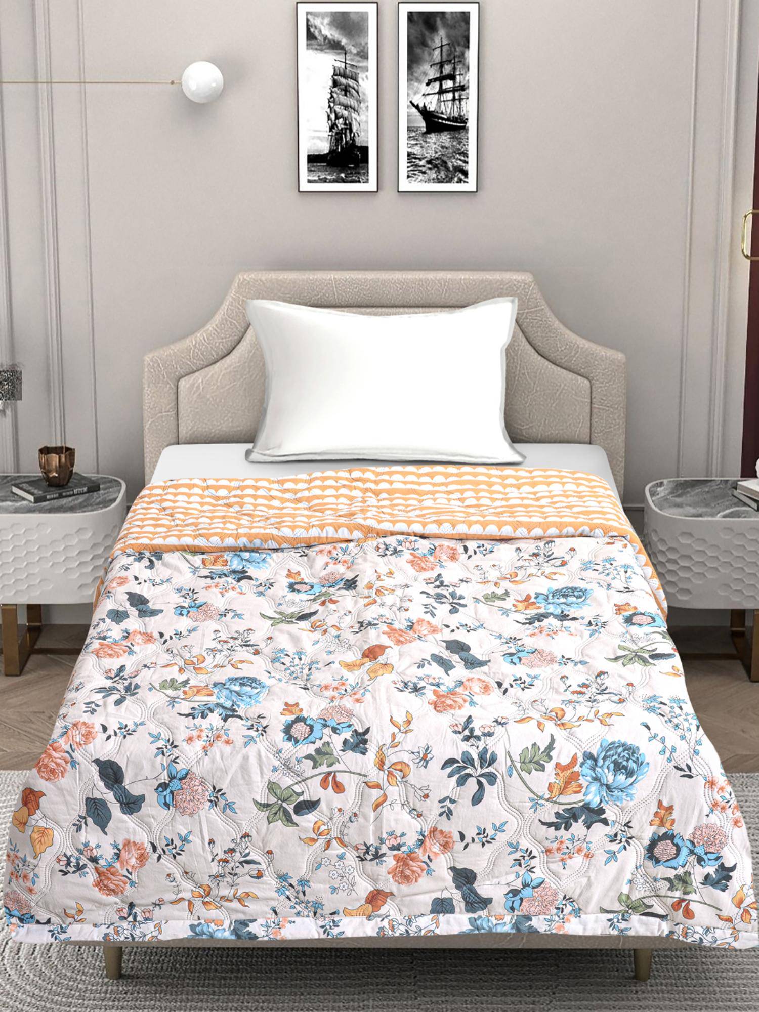 FABINALIV White Floral Ultrasonic Quilted Reversible Ac Room Double Bed Comforter (Single)