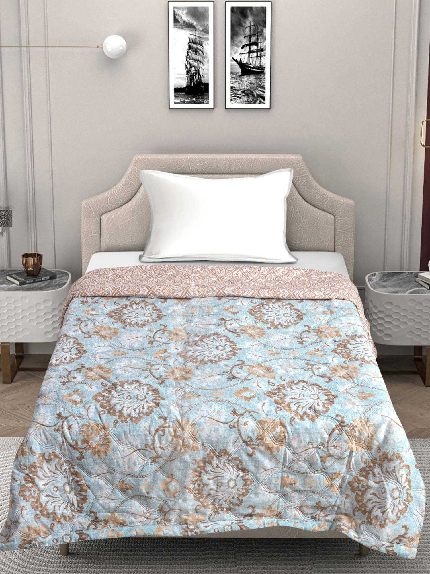 FABINALIV Blue Floral Ultrasonic Quilted Reversible Ac Room Double Bed Comforter (Single)