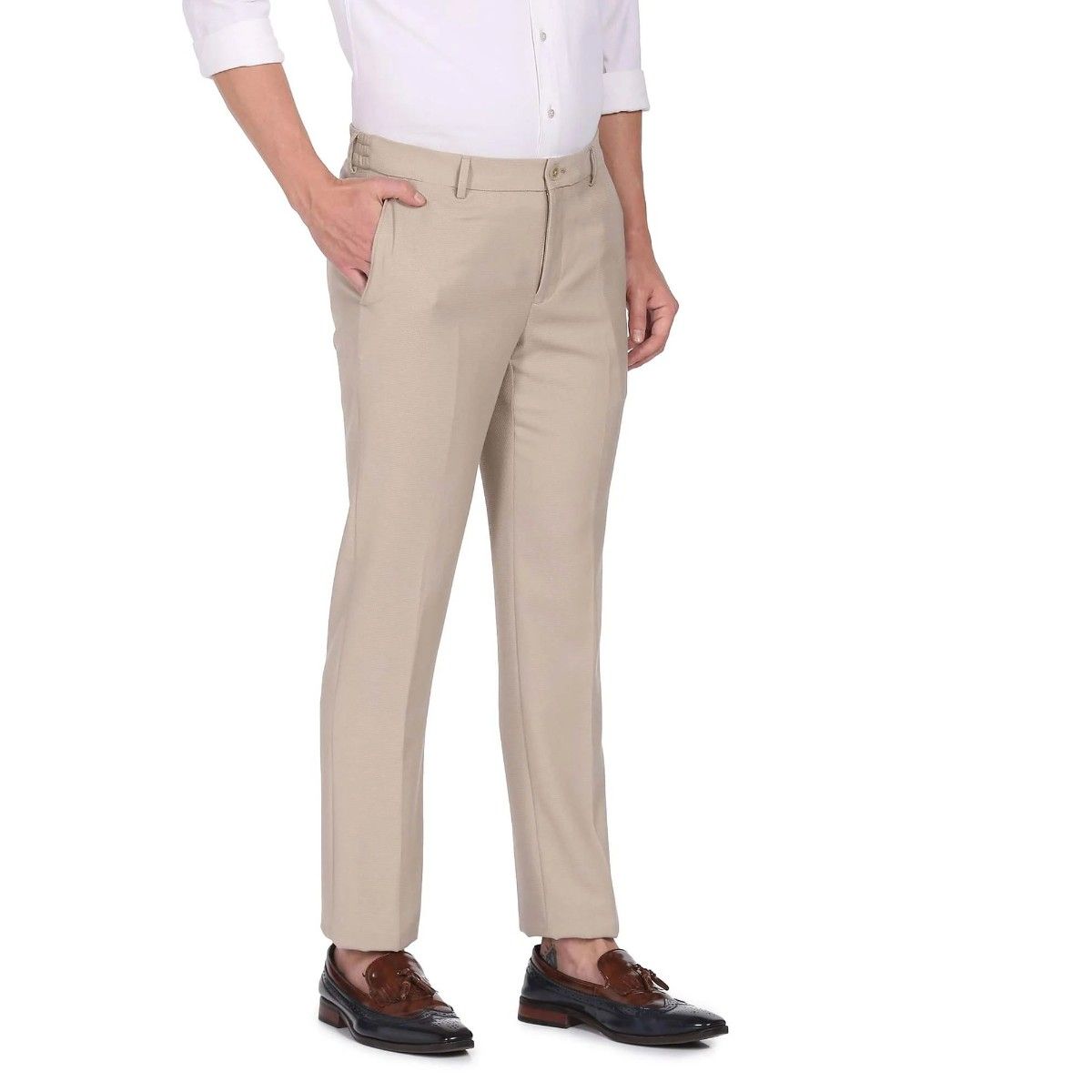 Buy Arrow Men Beige Solid Tapered Fit Regular Trousers - Trousers for Men  7248726 | Myntra