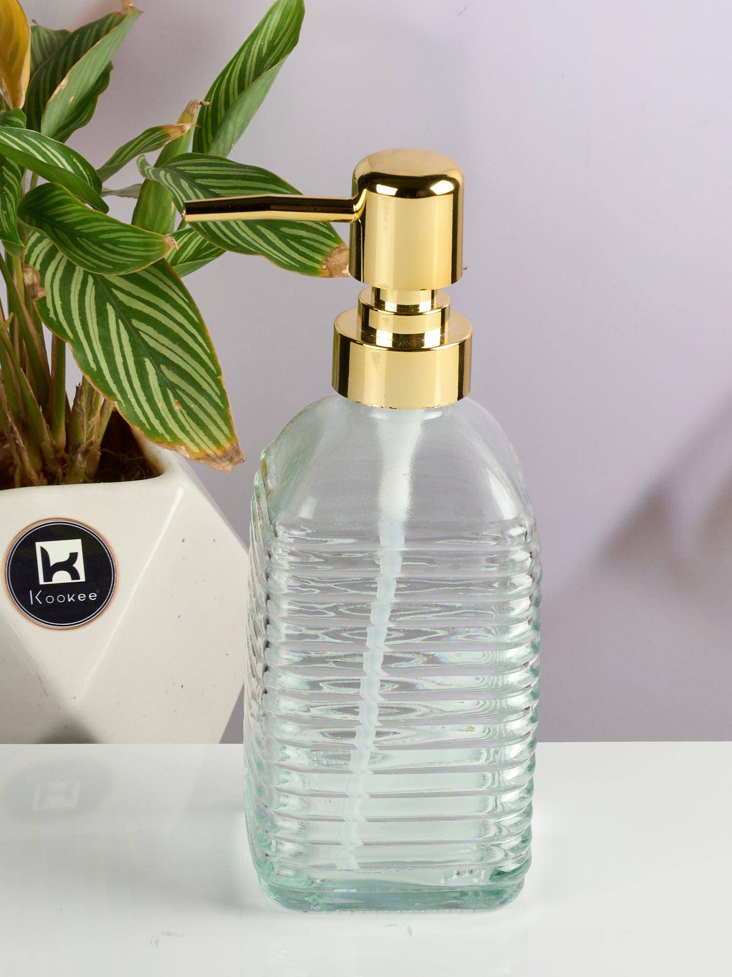 Kookee Transparent Glass Soap Dispenser with Refillable Pump for Bathroom & Kitchen Use