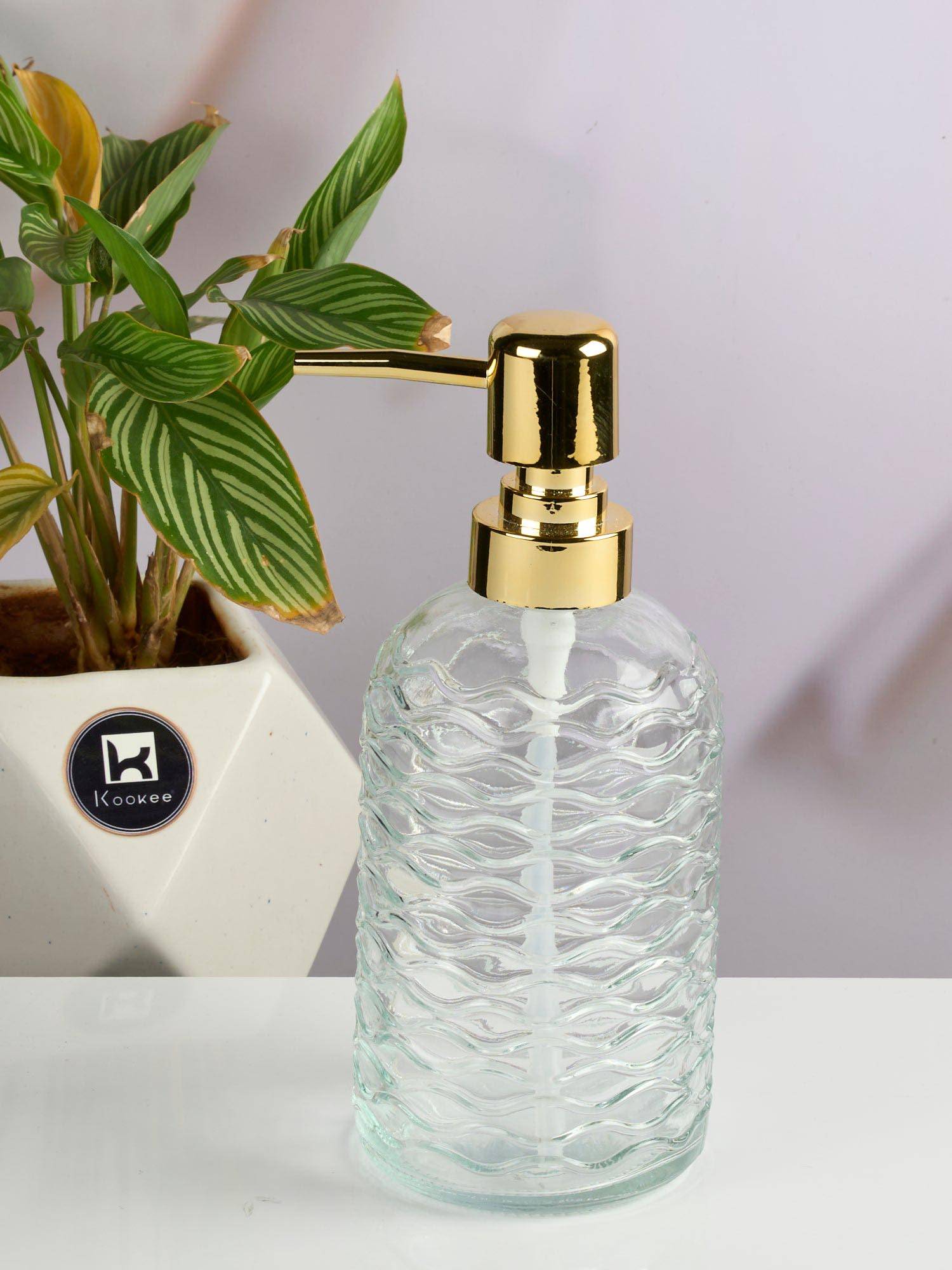 Kookee Transparent Glass Soap Dispenser with Refillable Pump for Bathroom & Kitchen Use