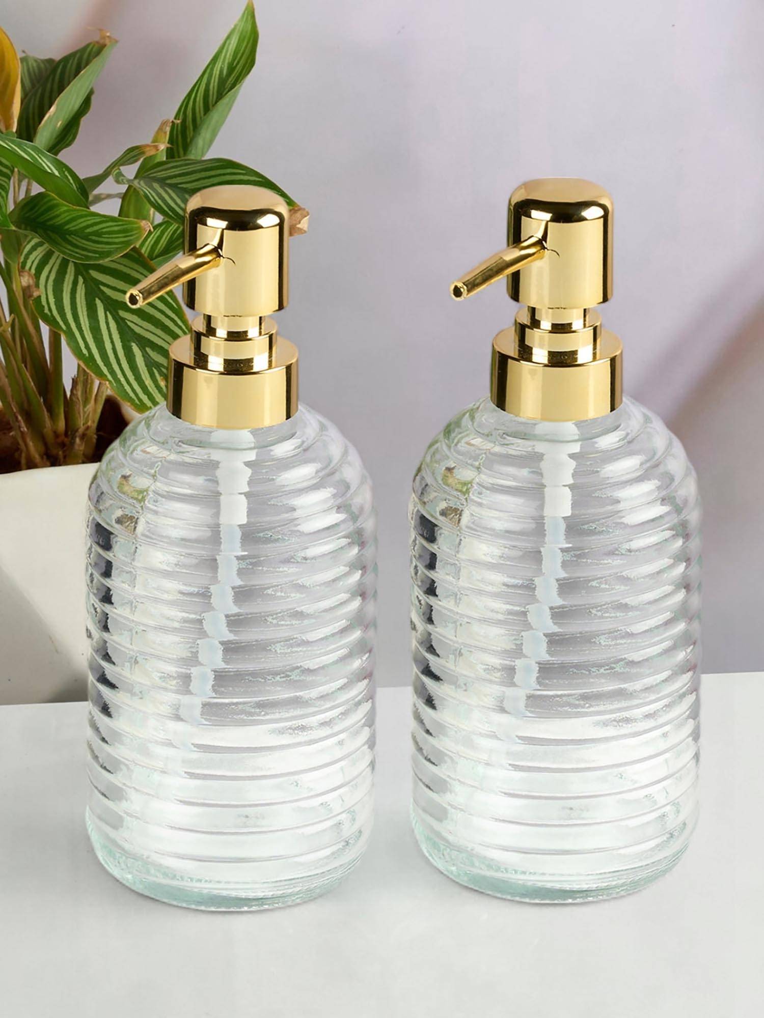 Kookee Transparent Glass Soap Dispenser Stylish Refillable Pump for Bathroom (Pack of 2)