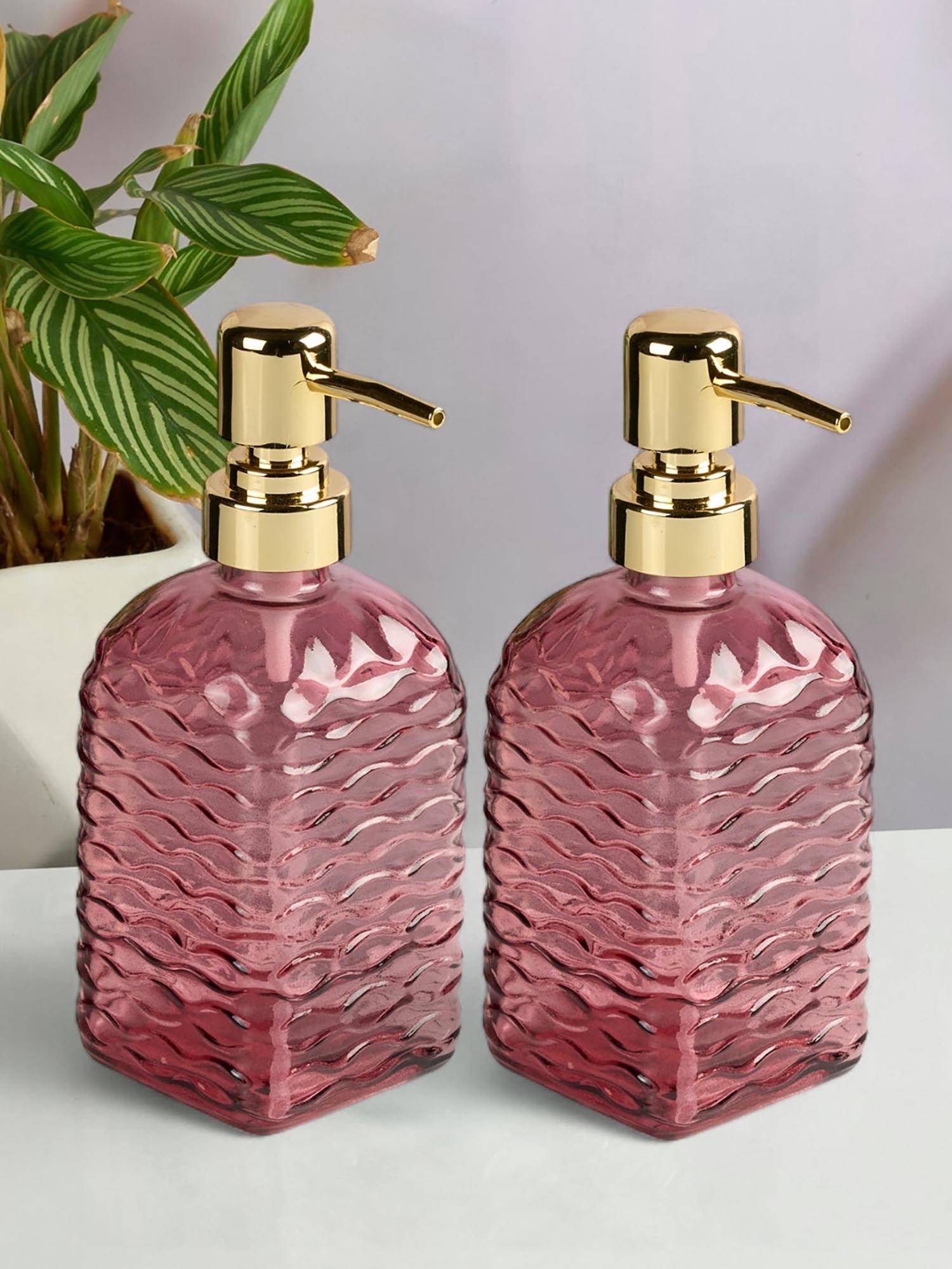 Kookee Pink Glass Soap Dispenser Stylish Refillable Pump for Bathroom & Kitchen (Pack of 2)