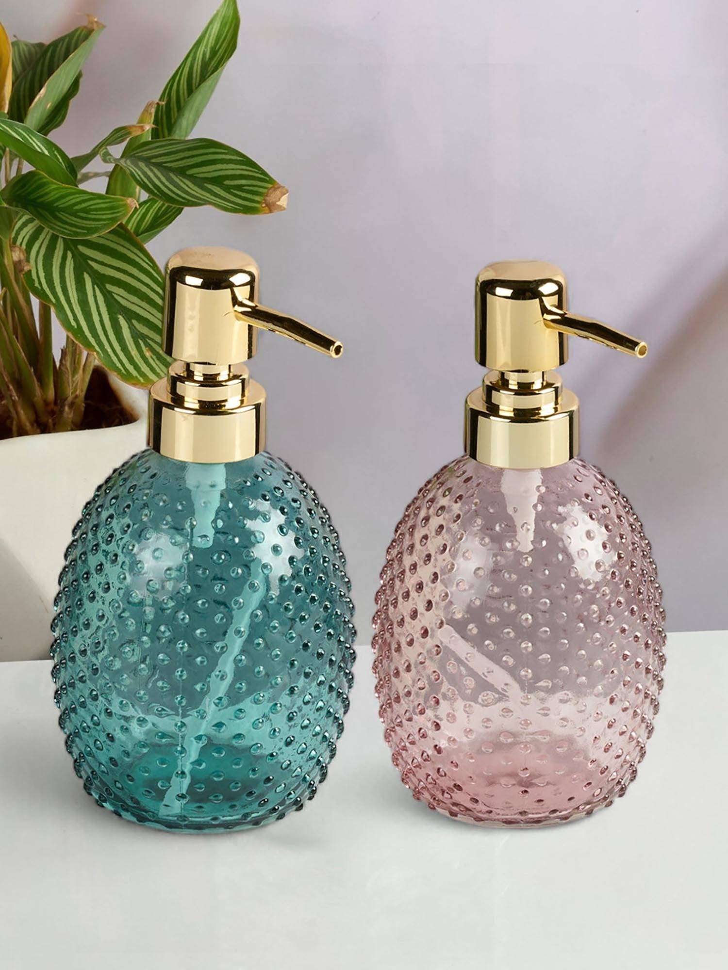 Kookee Pink & Green Glass Soap Dispenser Stylish Refillable Pump for Bathroom (Pack of 2)