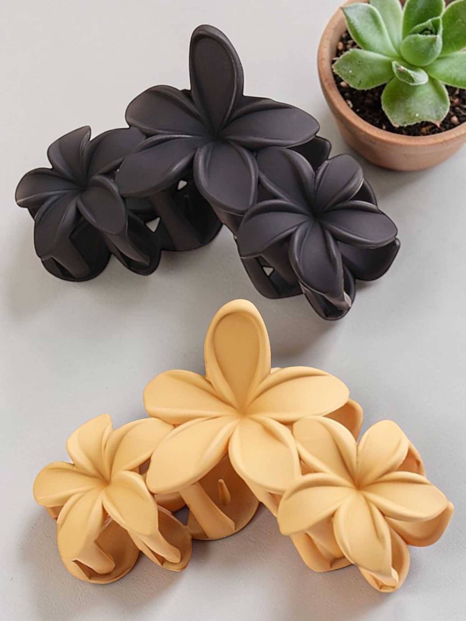 OOMPH Combo Of 2 Hair Claw Clip - Floral Shape - Black And Beige Color (Pack of 2)