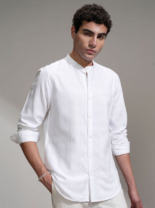 HIGHLANDER White Mandarin Collar Relaxed Fit Shirt
