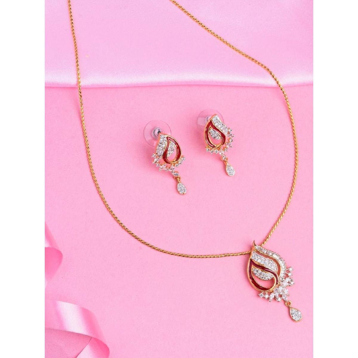 Estele Gold Plated CZ Mango Leaf Designer Pendant Necklace with Red Enamel for Women (Set of 2)